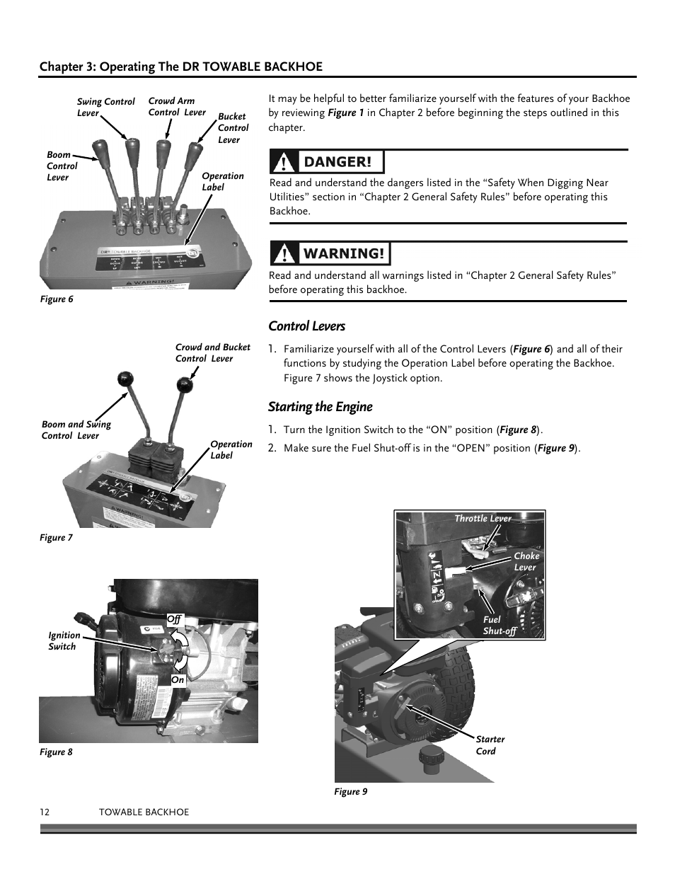 Control levers, Starting the engine | DR Power Towable Backhoe User Manual | Page 12 / 40
