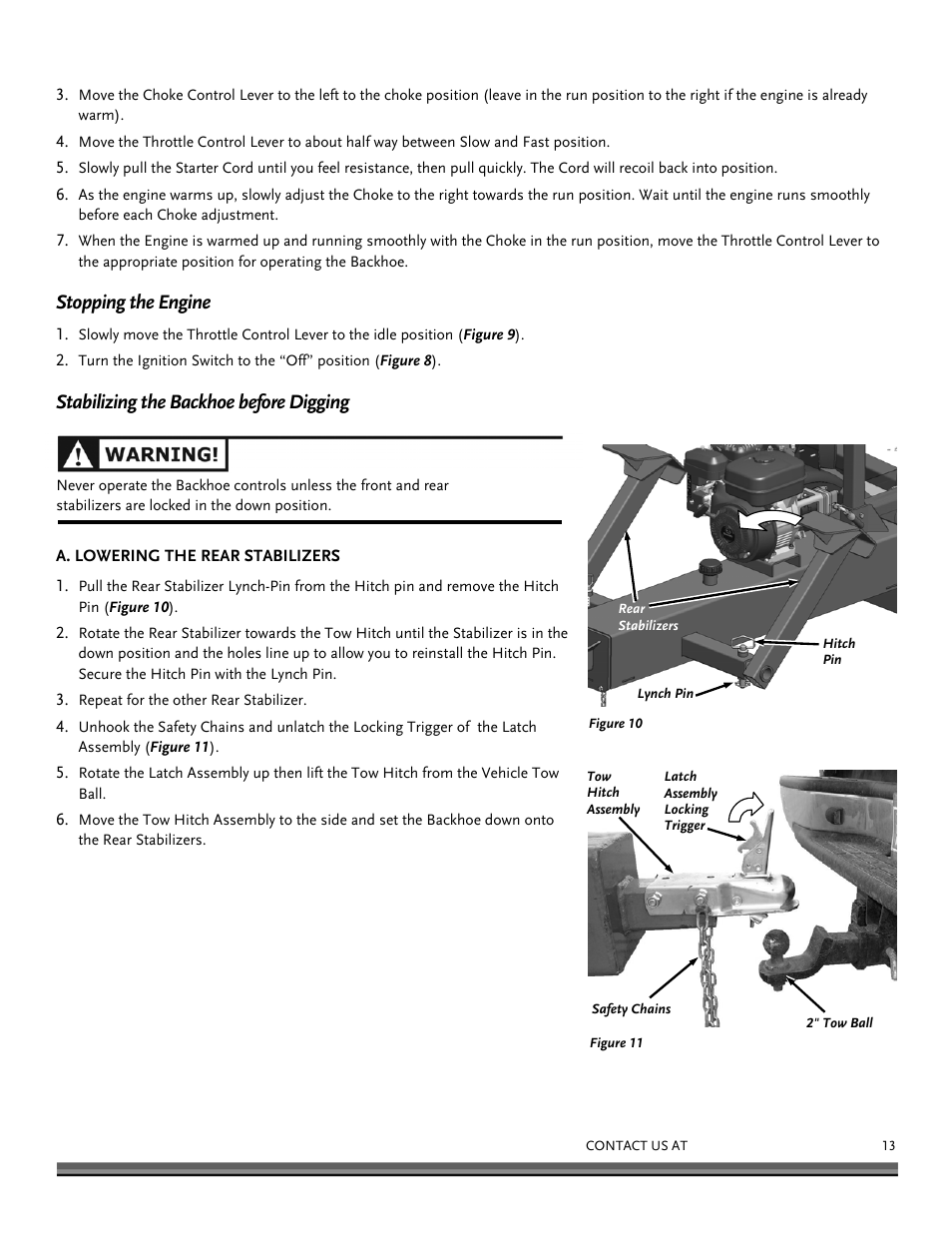 Stopping the engine, Stabilizing the backhoe before digging | DR Power Towable Backhoe User Manual | Page 13 / 40