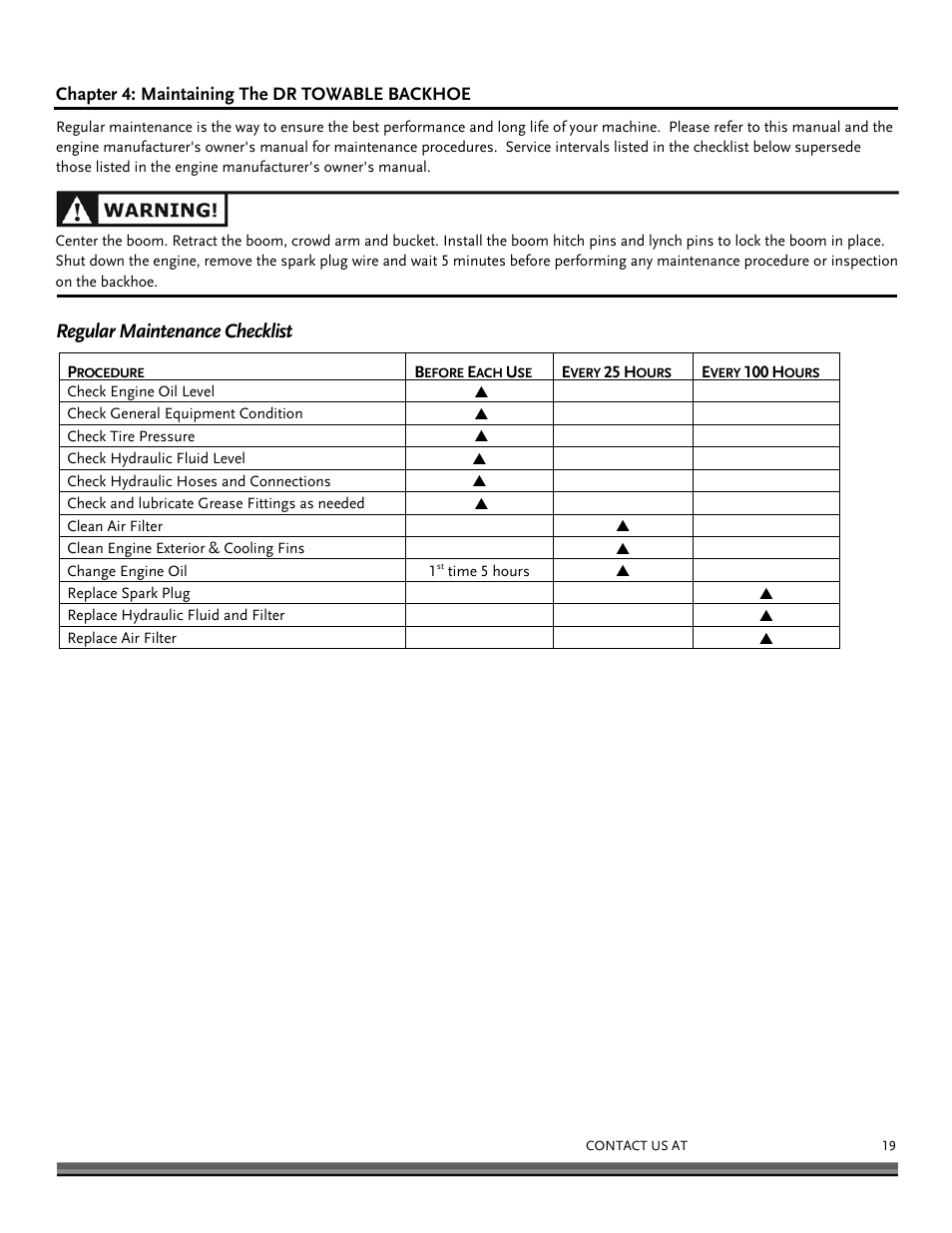 Regular maintenance checklist | DR Power Towable Backhoe User Manual | Page 19 / 40