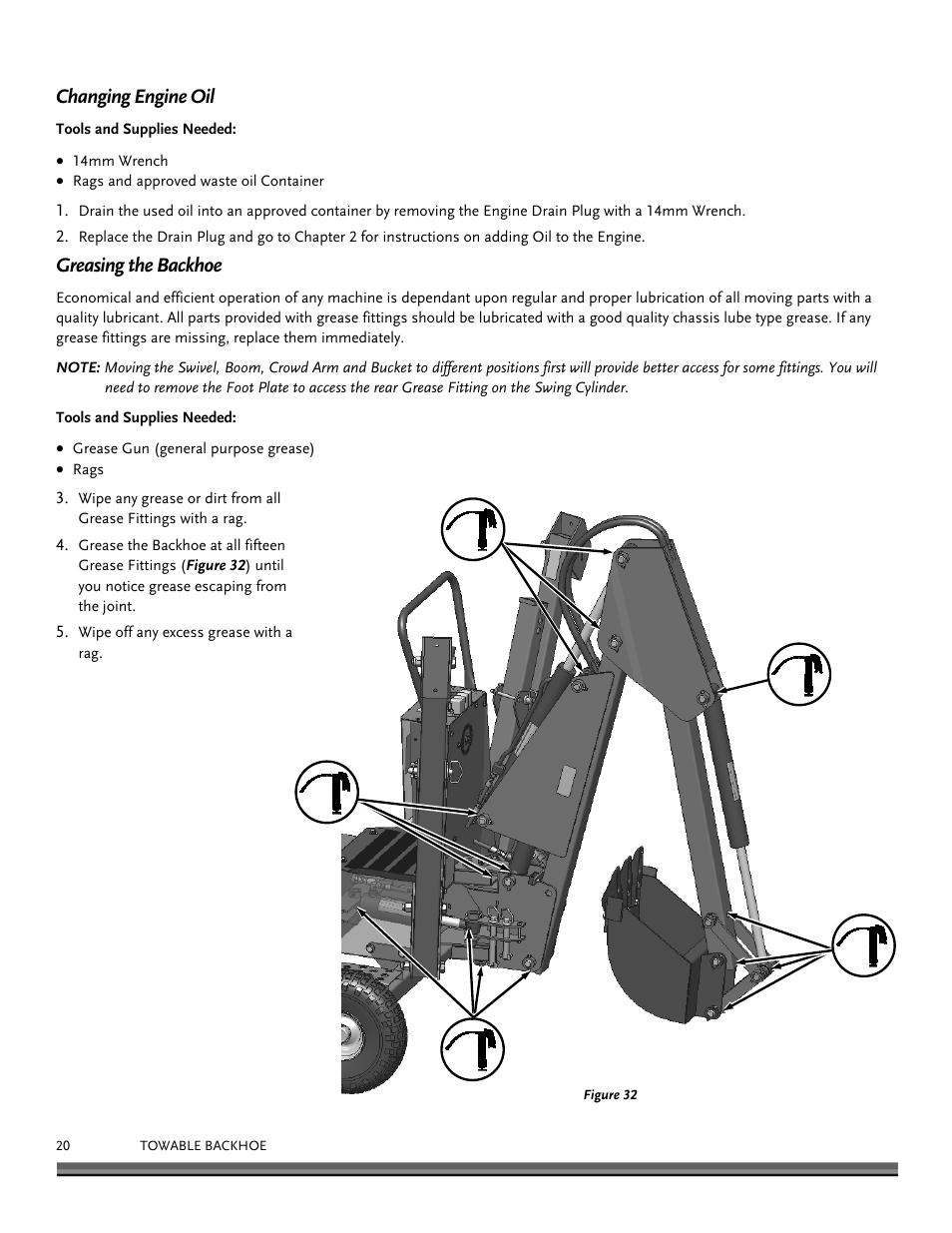 Changing engine oil, Greasing the backhoe | DR Power Towable Backhoe User Manual | Page 20 / 40