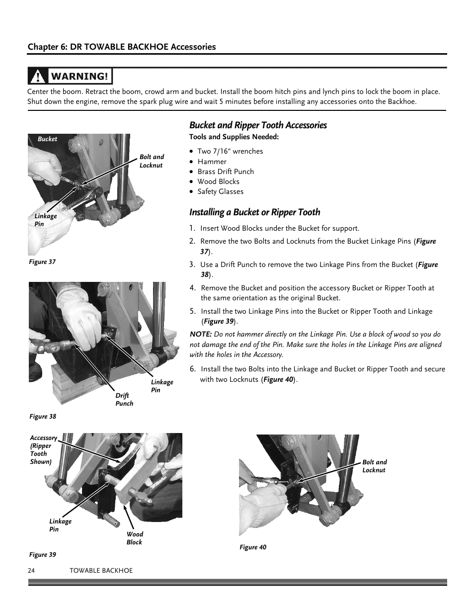 Bucket and ripper tooth accessories, Installing a bucket or ripper tooth | DR Power Towable Backhoe User Manual | Page 24 / 40