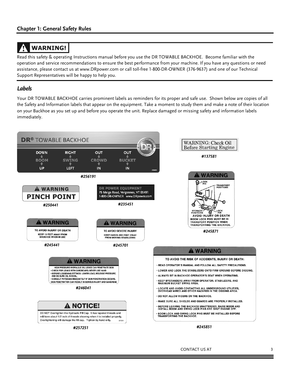 Labels | DR Power Towable Backhoe User Manual | Page 3 / 40