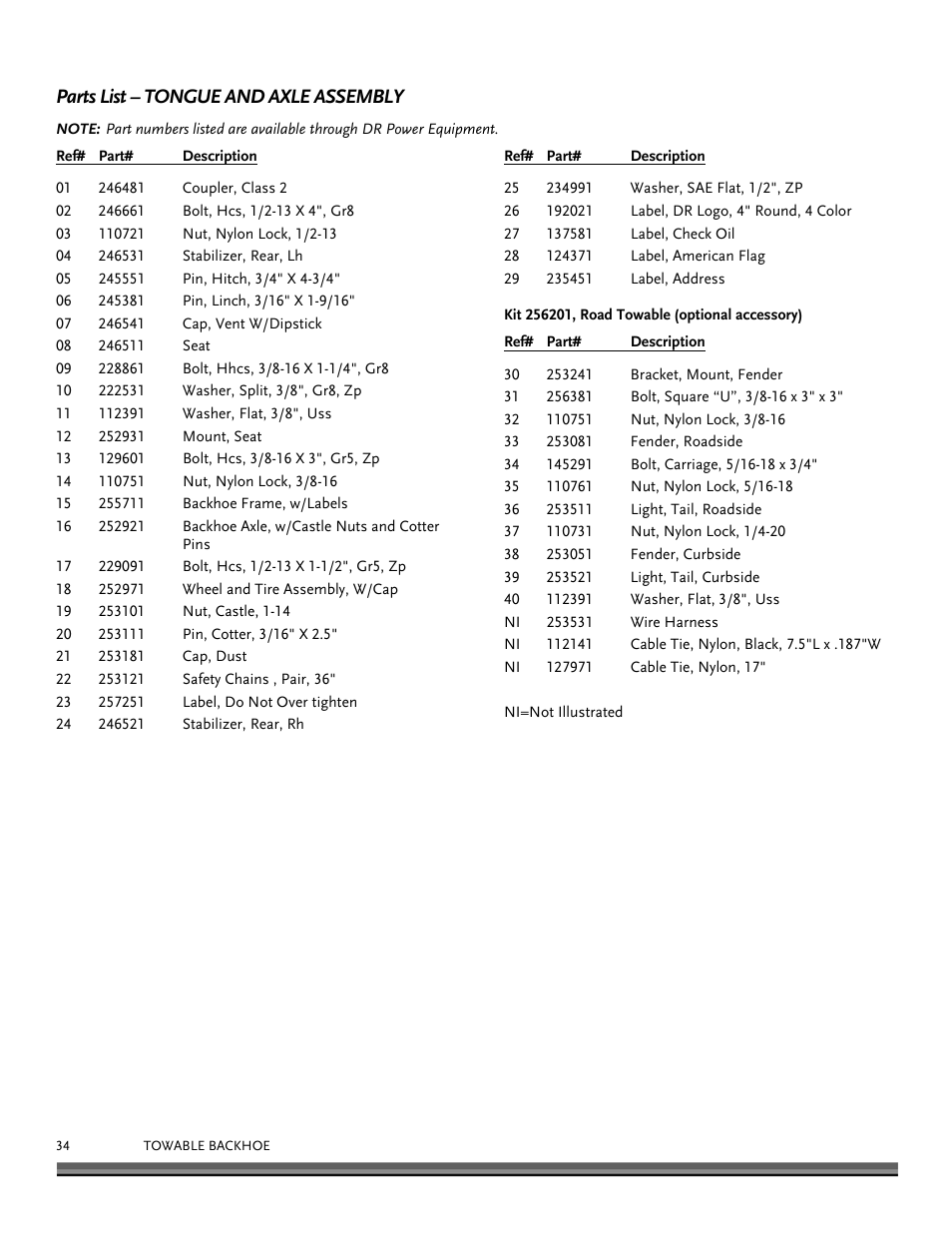 Parts list – tongue and axle assembly | DR Power Towable Backhoe User Manual | Page 34 / 40