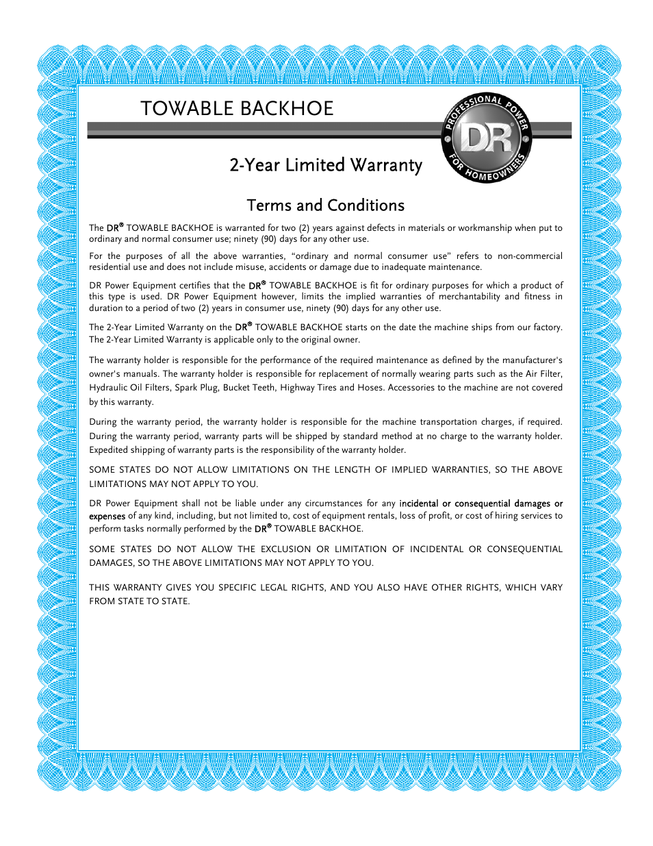 Towable backhoe, Year limited warranty, Terms and conditions | DR Power Towable Backhoe User Manual | Page 39 / 40