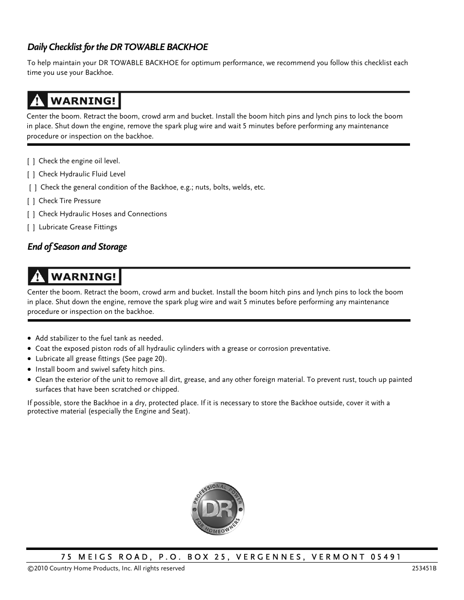 Daily checklist for the dr towable backhoe, End of season and storage | DR Power Towable Backhoe User Manual | Page 40 / 40