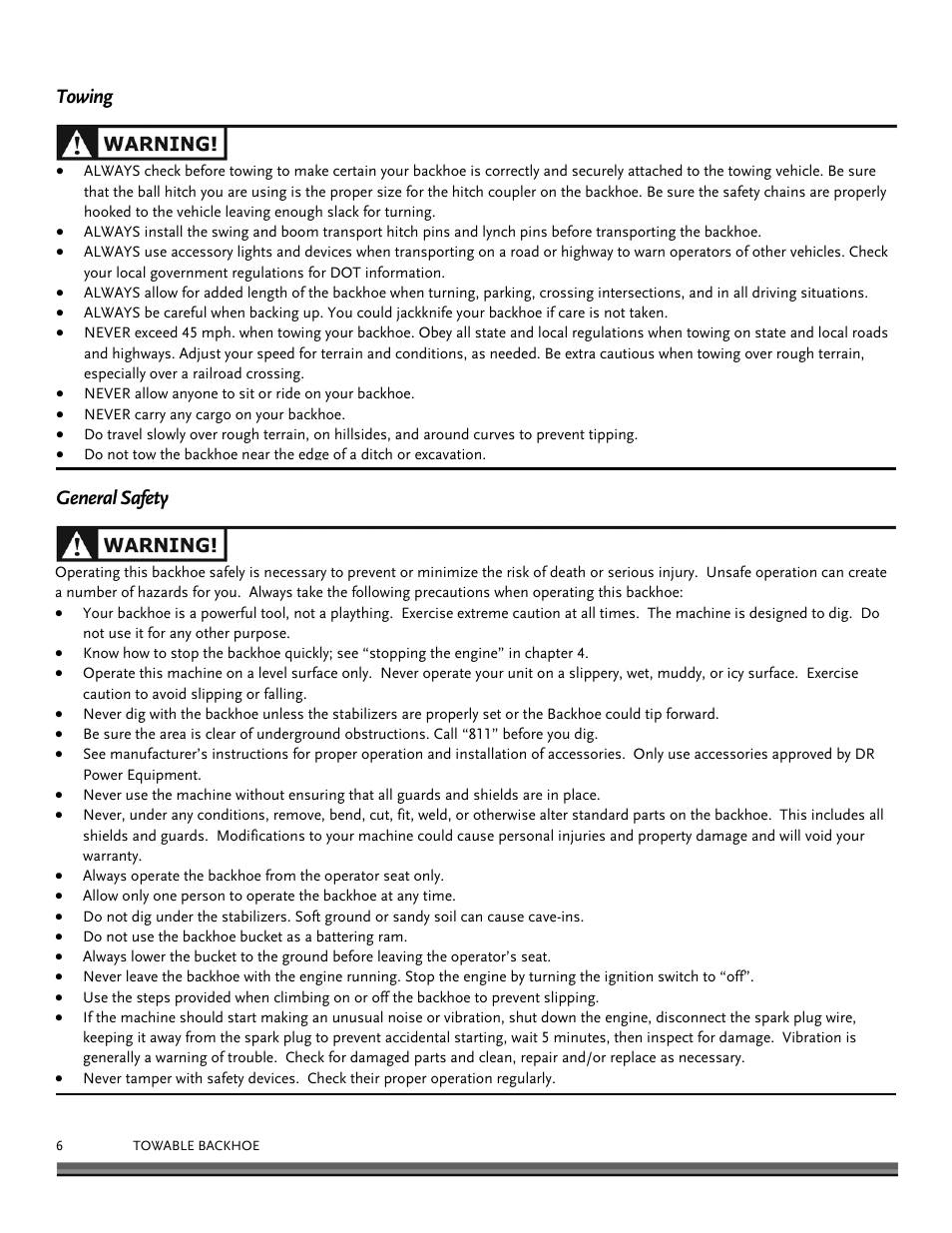 Towing general safety | DR Power Towable Backhoe User Manual | Page 6 / 40