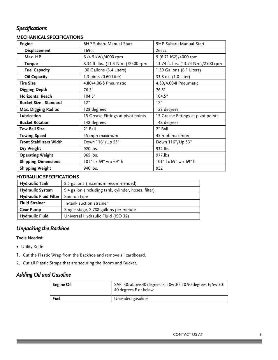 Specifications, Unpacking the backhoe, Adding oil and gasoline | DR Power Towable Backhoe User Manual | Page 9 / 40
