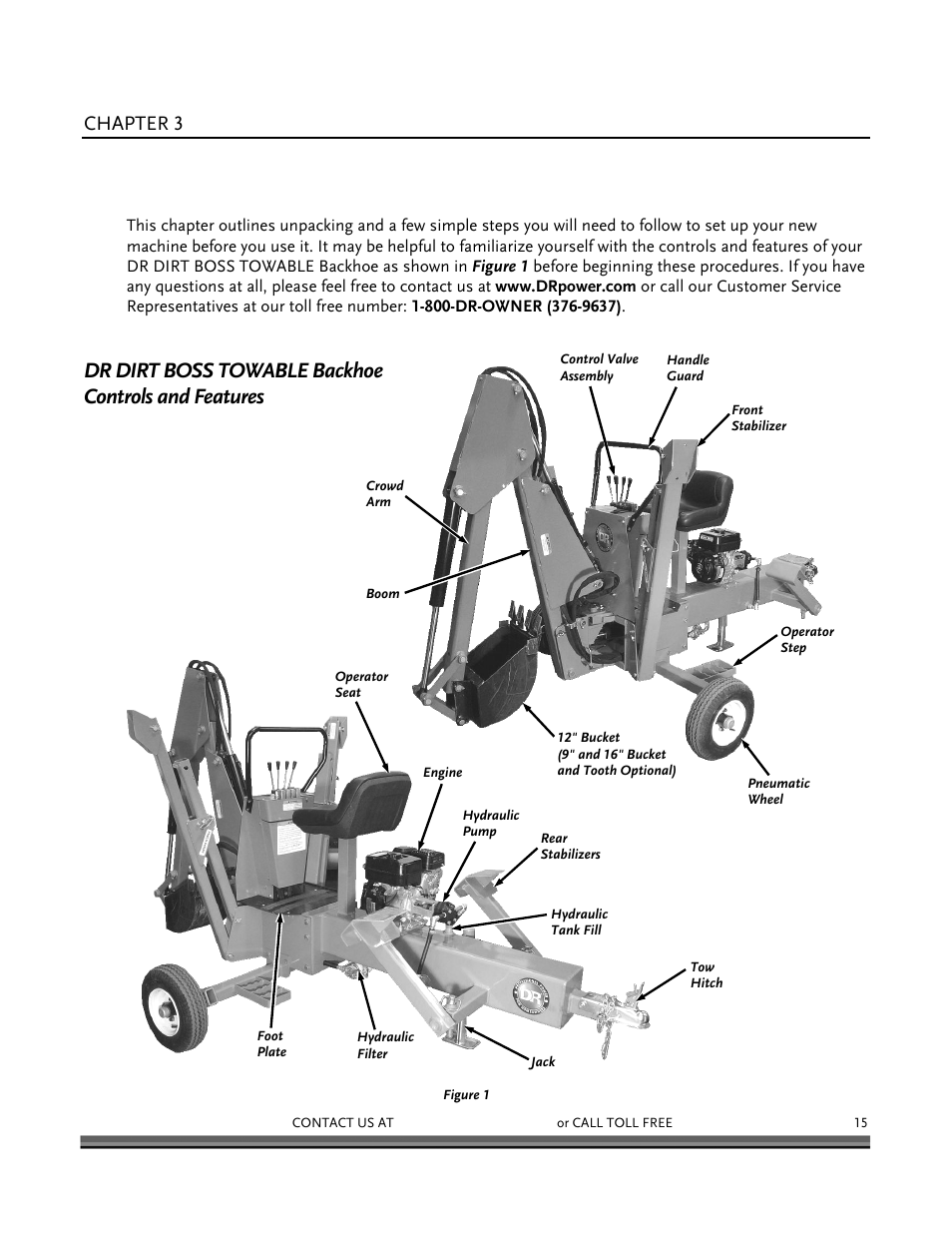 Setting up your dr dirt boss towable backhoe, Dr dirt boss towable backhoe controls and features, Chapter 3 | DR Power Backhoe 2008 User Manual | Page 19 / 68