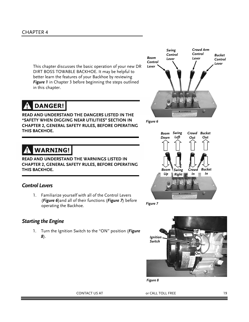 Operating your dr dirt boss towable backhoe, Control levers, Starting the engine | Chapter 4 | DR Power Backhoe 2008 User Manual | Page 23 / 68