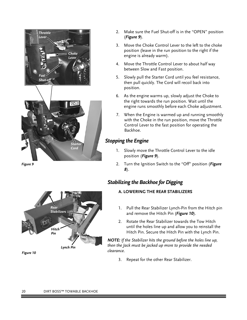 Stopping the engine, Stabilizing the backhoe for digging | DR Power Backhoe 2008 User Manual | Page 24 / 68