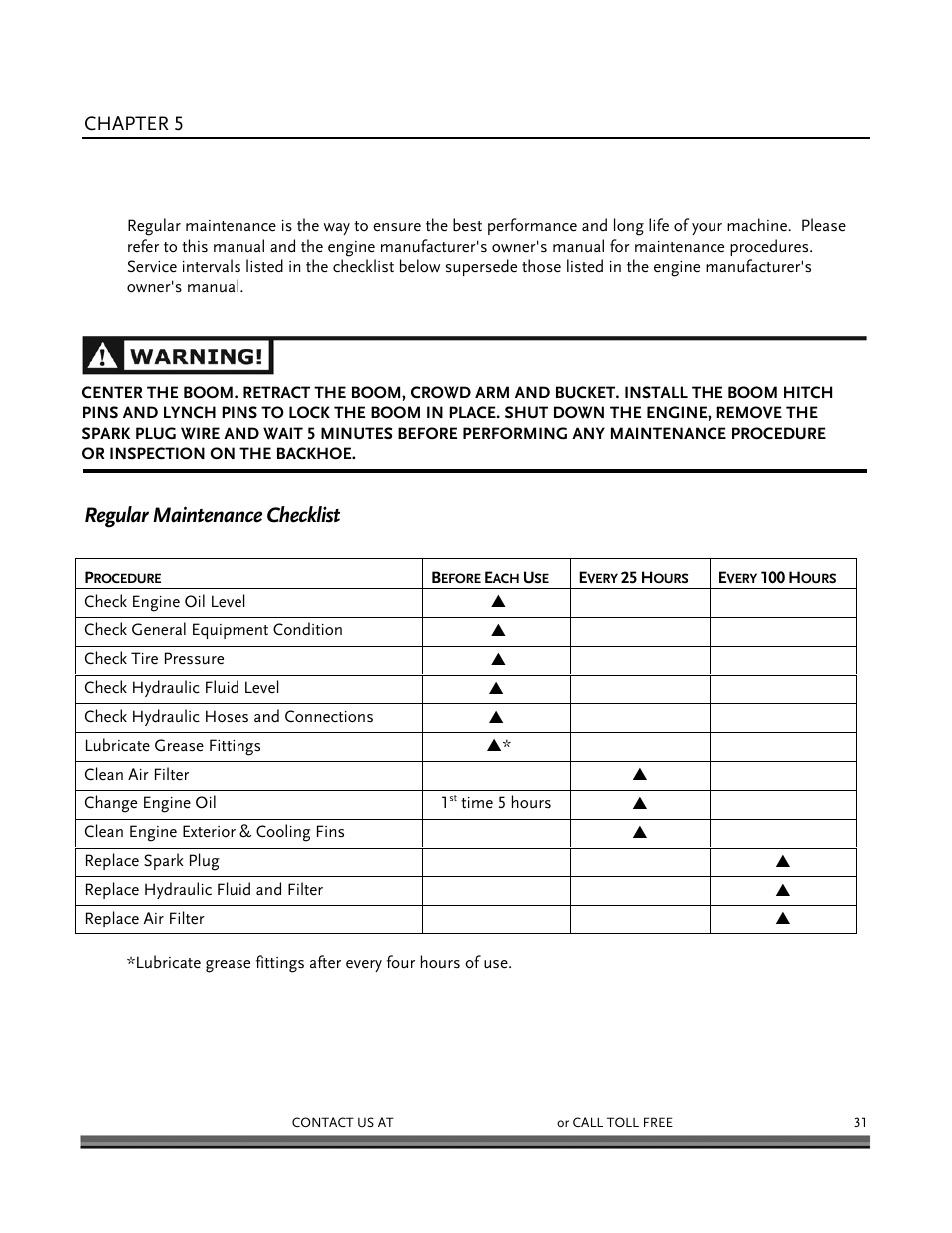 Maintaining the dr dirt boss towable backhoe, Regular maintenance checklist | DR Power Backhoe 2008 User Manual | Page 35 / 68