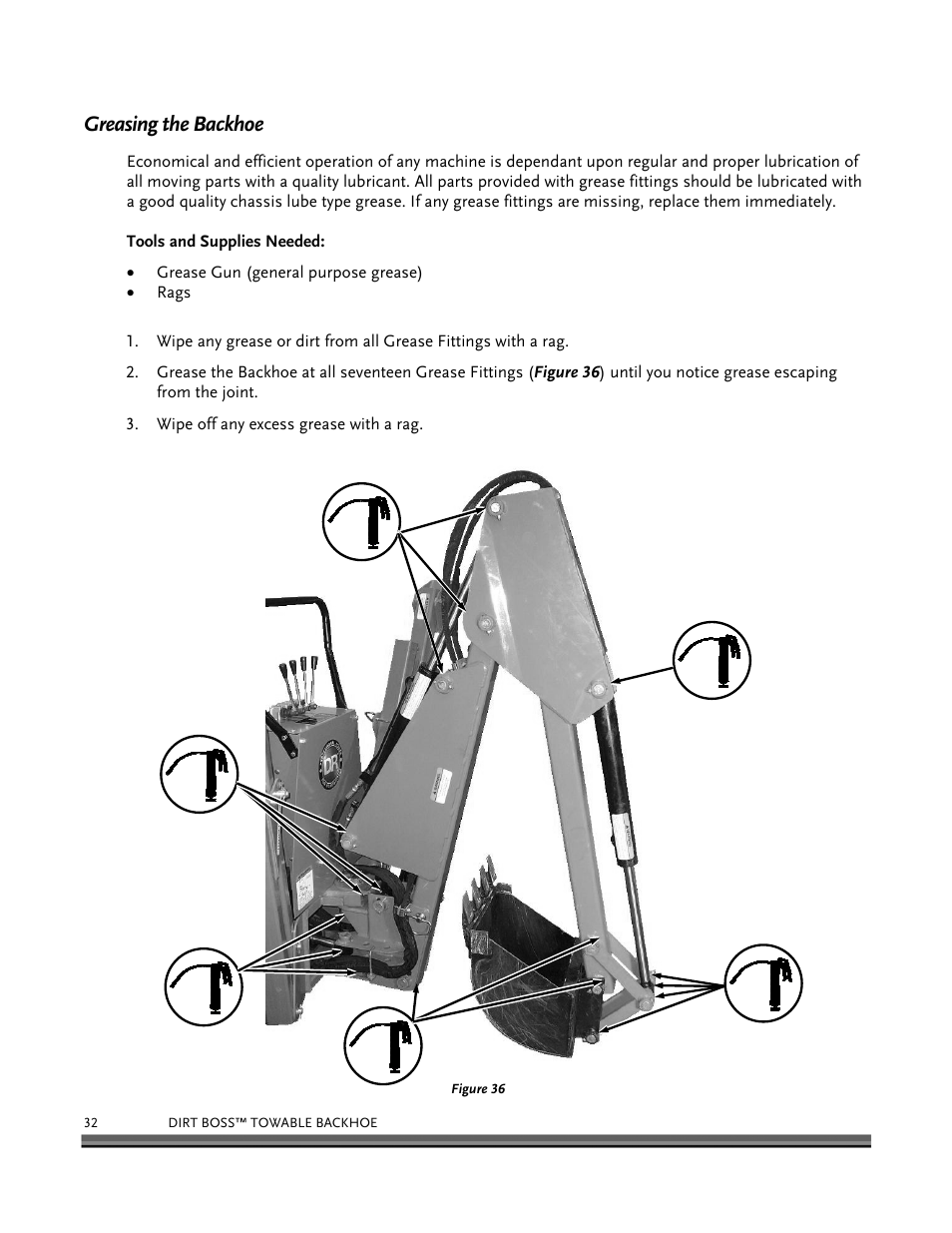 Greasing the backhoe | DR Power Backhoe 2008 User Manual | Page 36 / 68