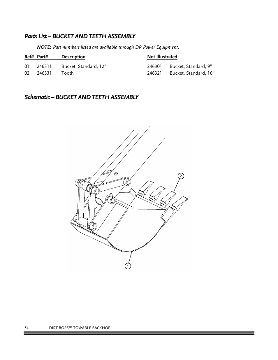 Parts list – bucket and teeth assembly, Schematic – bucket and teeth assembly | DR Power Backhoe 2008 User Manual | Page 58 / 68