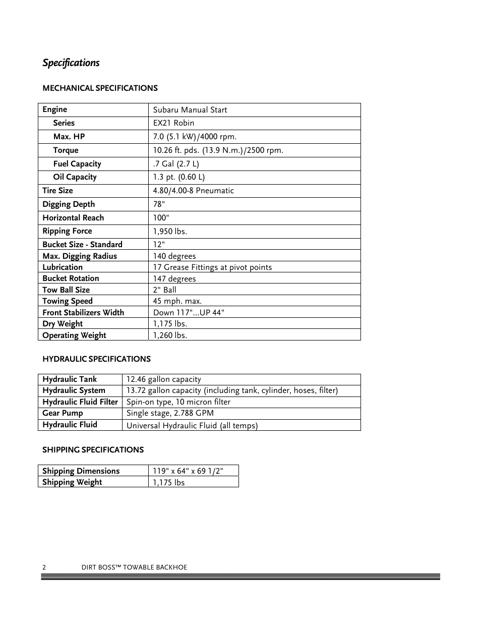 Specifications | DR Power Backhoe 2008 User Manual | Page 6 / 68