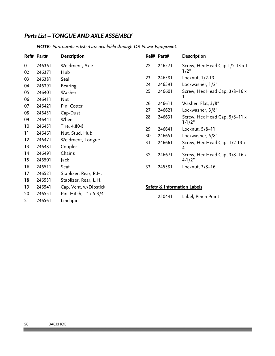 Parts list – tongue and axle assembly | DR Power Backhoe 2008 User Manual | Page 60 / 68