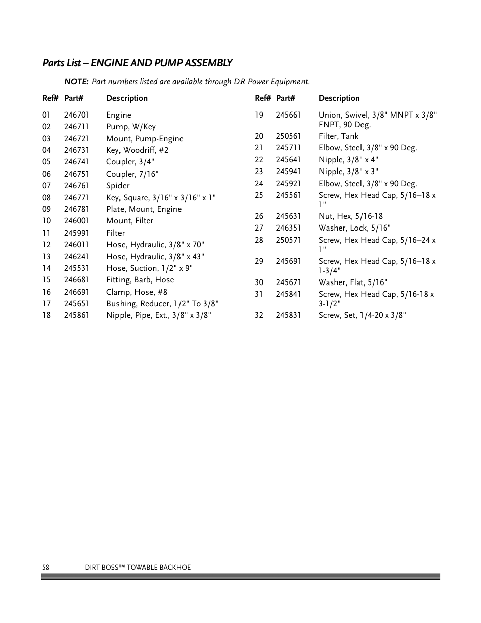 Parts list – engine and pump assembly | DR Power Backhoe 2008 User Manual | Page 62 / 68