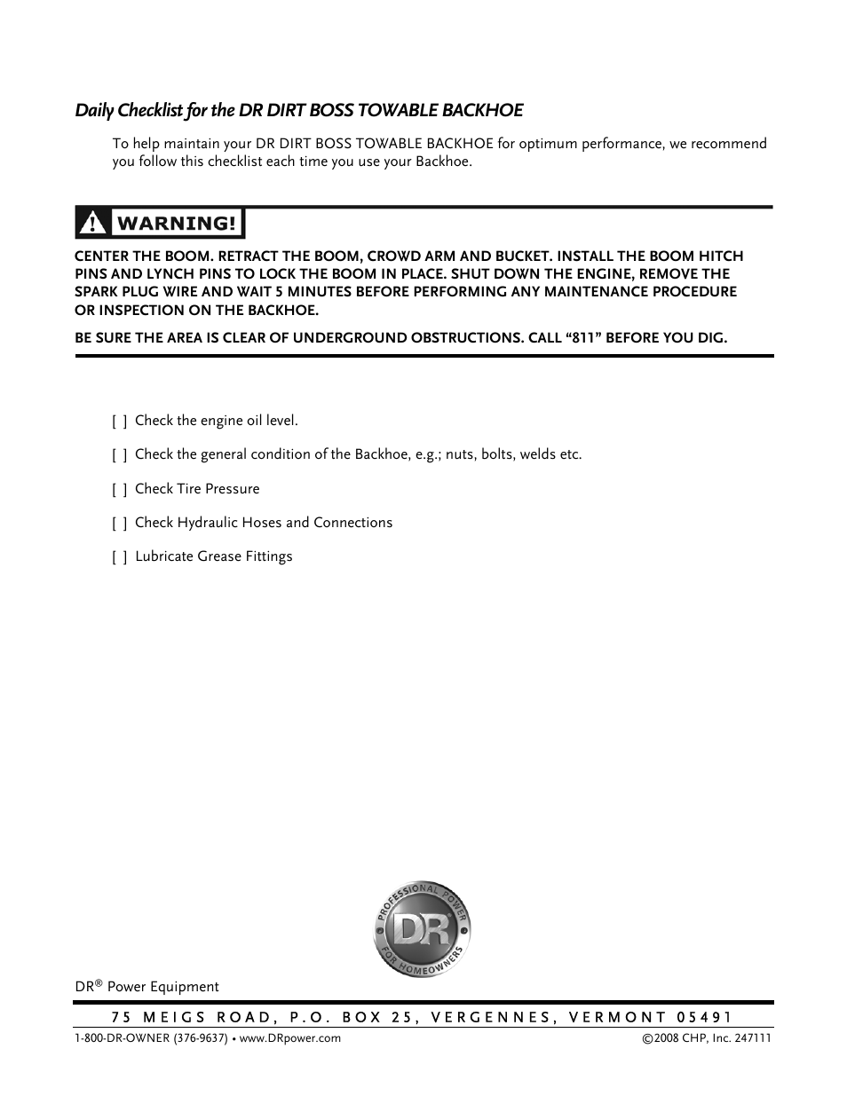 DR Power Backhoe 2008 User Manual | Page 68 / 68