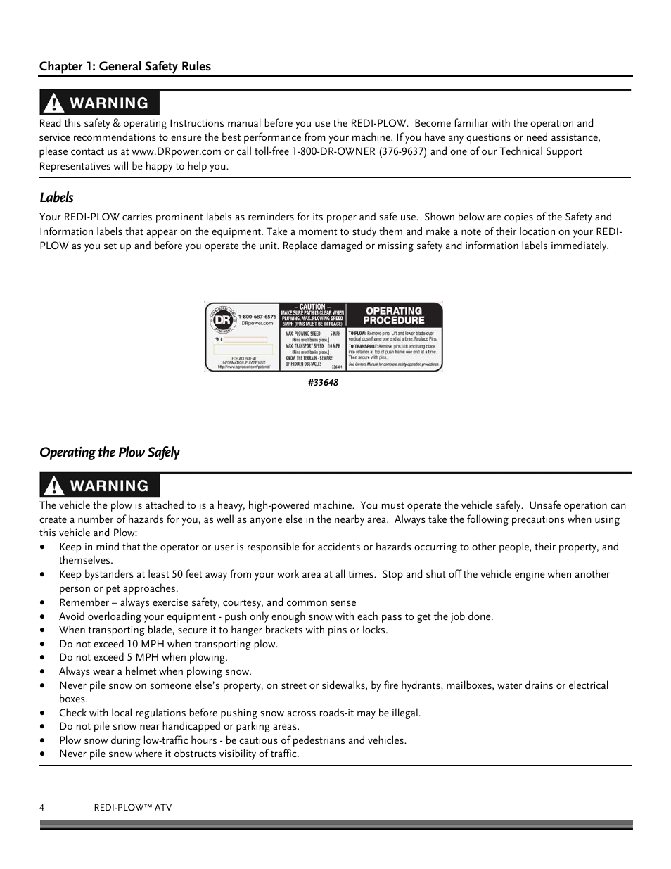 Labels, Operating the plow safely | DR Power Redi-Plow ATV (Sept. 2013 - Present) User Manual | Page 4 / 12