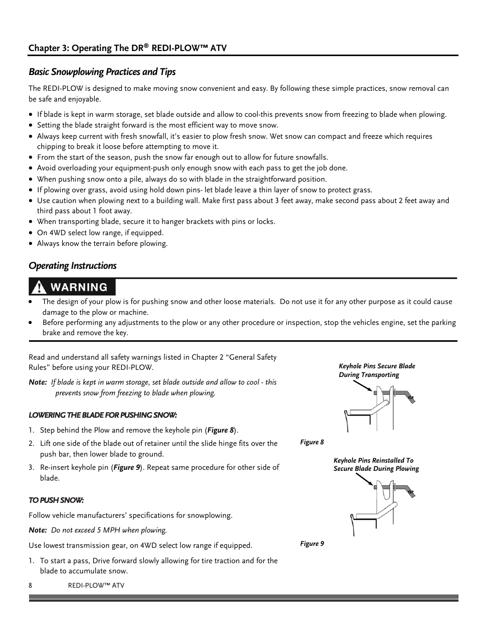 Basic snowplowing practices and tips, Operating instructions | DR Power Redi-Plow ATV (Sept. 2013 - Present) User Manual | Page 8 / 12