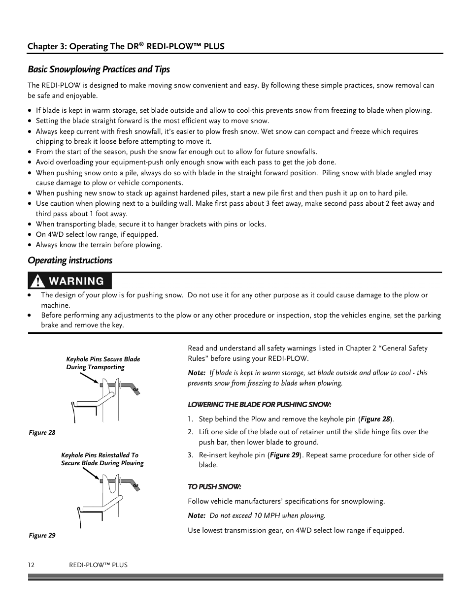 Basic snowplowing practices and tips, Operating instructions | DR Power Redi-Plow Plus (Sept. 2013 - Present) User Manual | Page 12 / 16