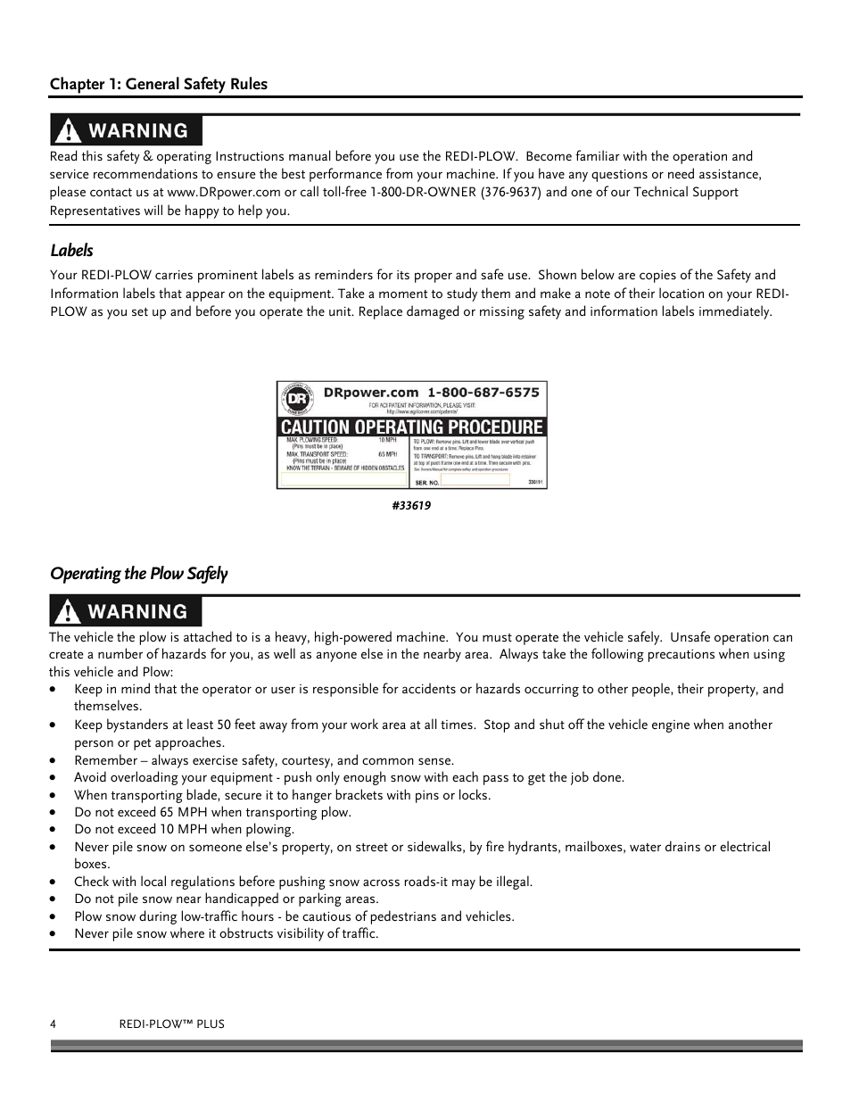 Labels, Operating the plow safely | DR Power Redi-Plow Plus (Sept. 2013 - Present) User Manual | Page 4 / 16