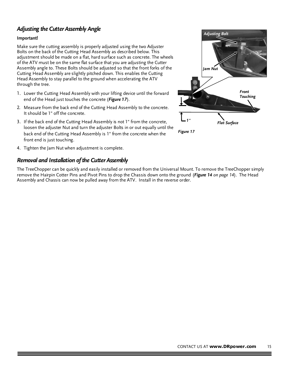 Adjusting the cutter assembly angle, Removal and installation of the cutter assembly | DR Power TreeChopper User Manual | Page 15 / 32