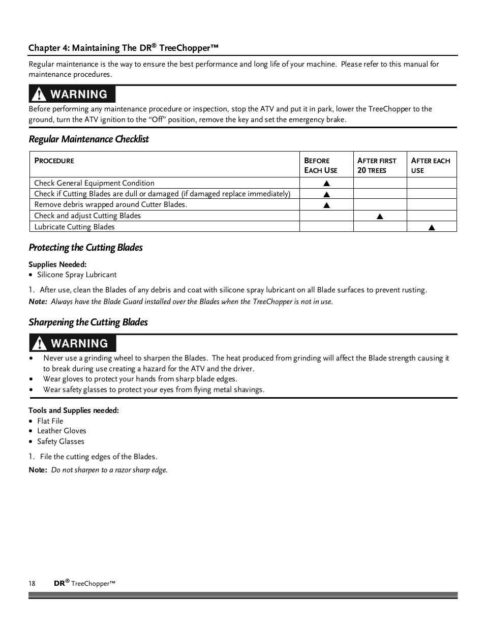 Chapter 4: maintaining the dr, Treechopper, Regular maintenance checklist | Protecting the cutting blades, Sharpening the cutting blades | DR Power TreeChopper User Manual | Page 18 / 32