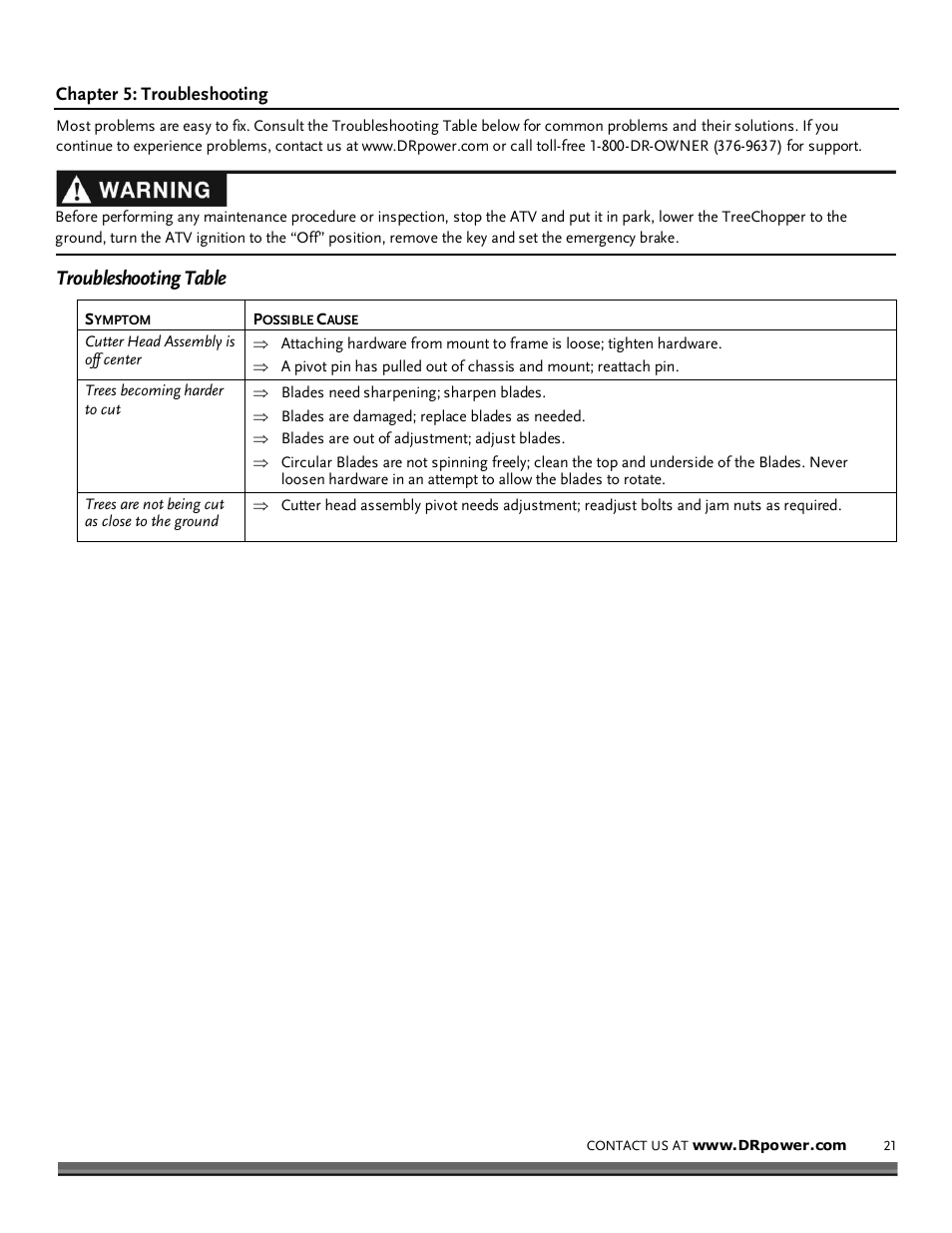 Chapter 5: troubleshooting, Troubleshooting table | DR Power TreeChopper User Manual | Page 21 / 32