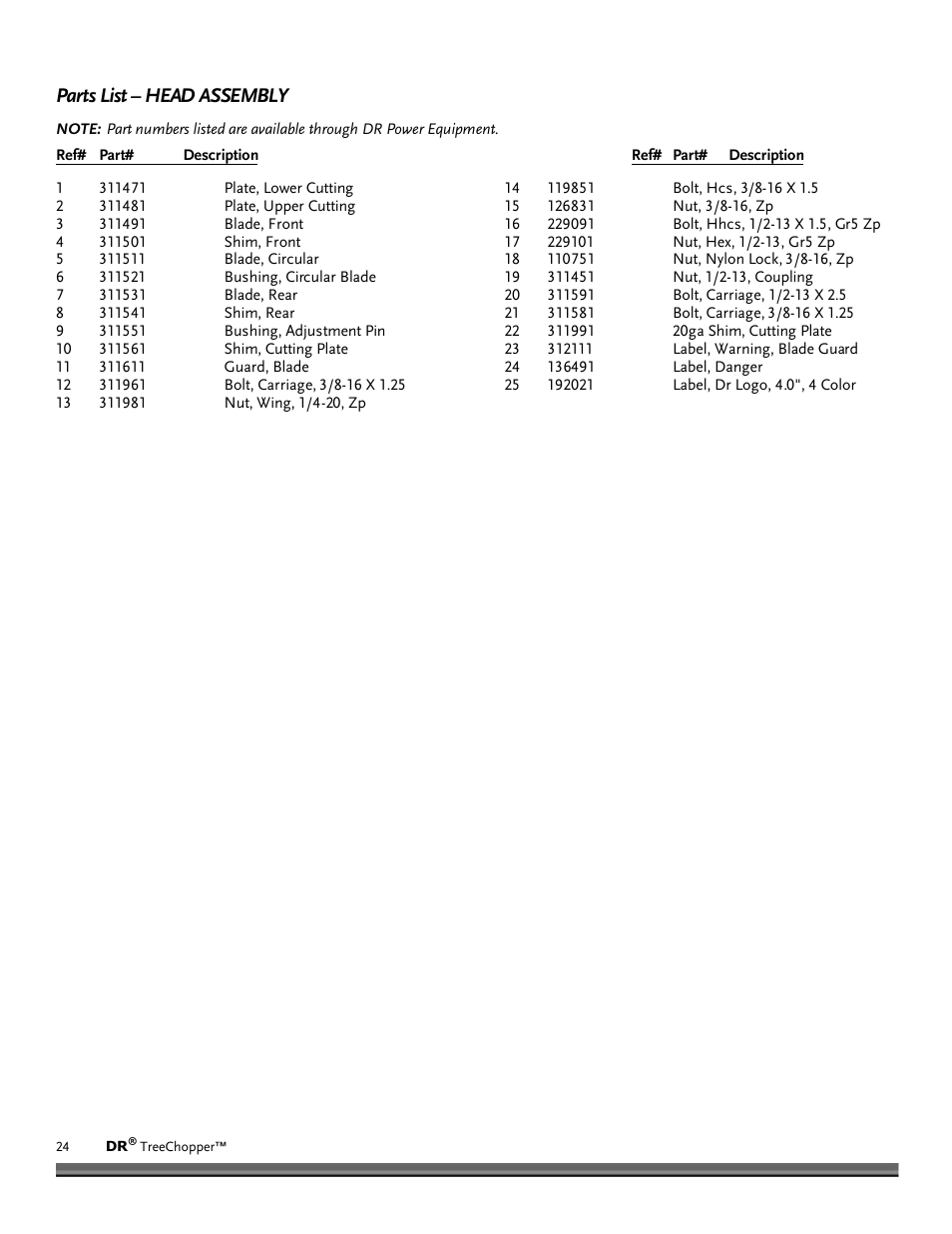 Parts list – head assembly | DR Power TreeChopper User Manual | Page 24 / 32