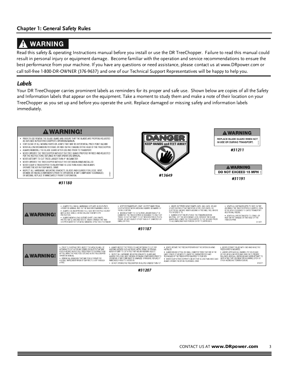 Chapter 1: general safety rules, Labels | DR Power TreeChopper User Manual | Page 3 / 32