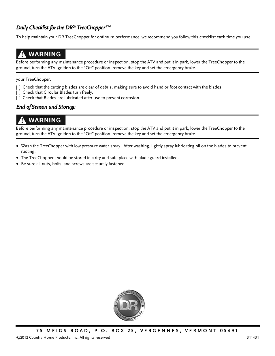 Daily checklist for the dr, Treechopper, End of season and storage | DR Power TreeChopper User Manual | Page 32 / 32