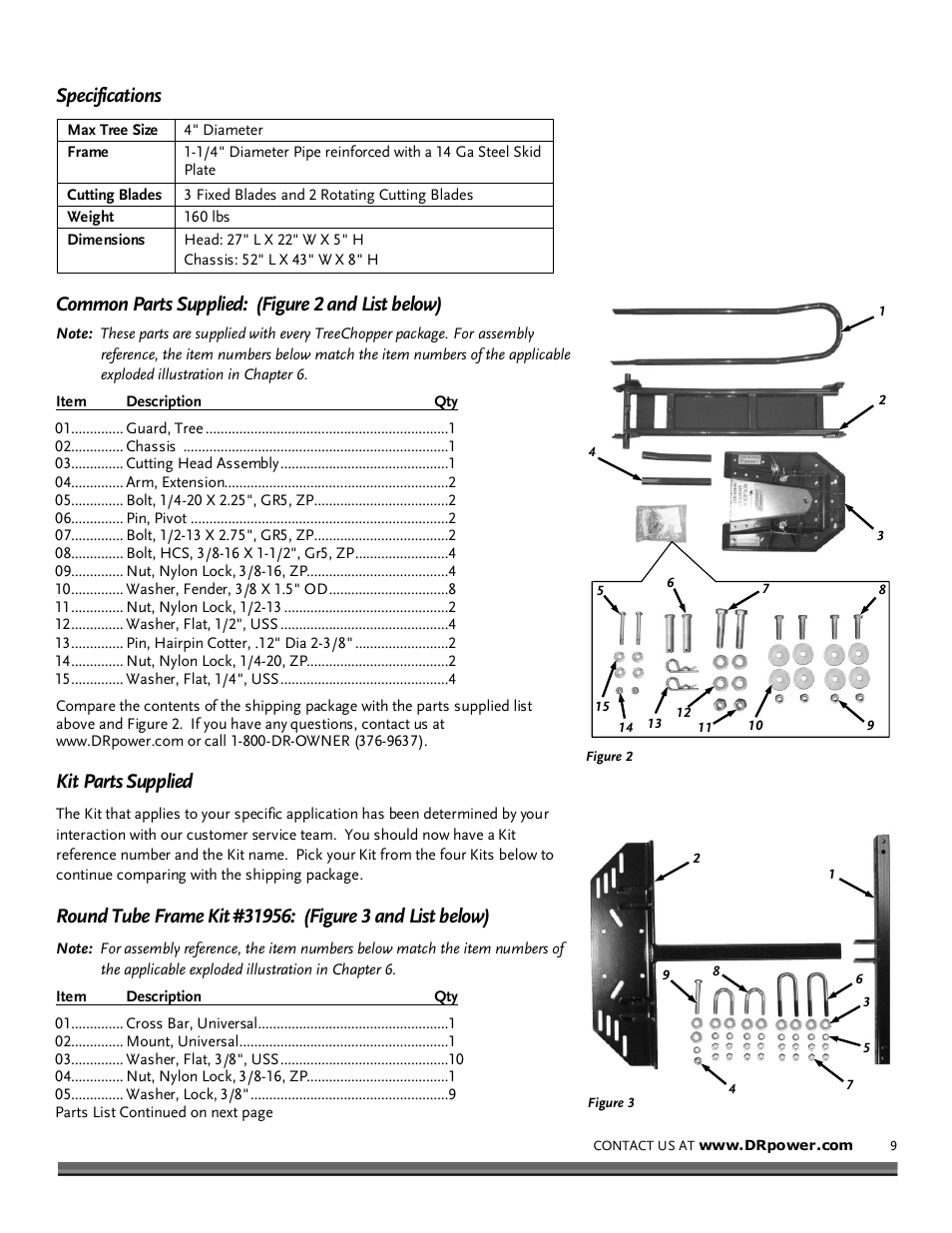 Specifications, Common parts supplied: (figure 2 and list below), Kit parts supplied | DR Power TreeChopper User Manual | Page 9 / 32
