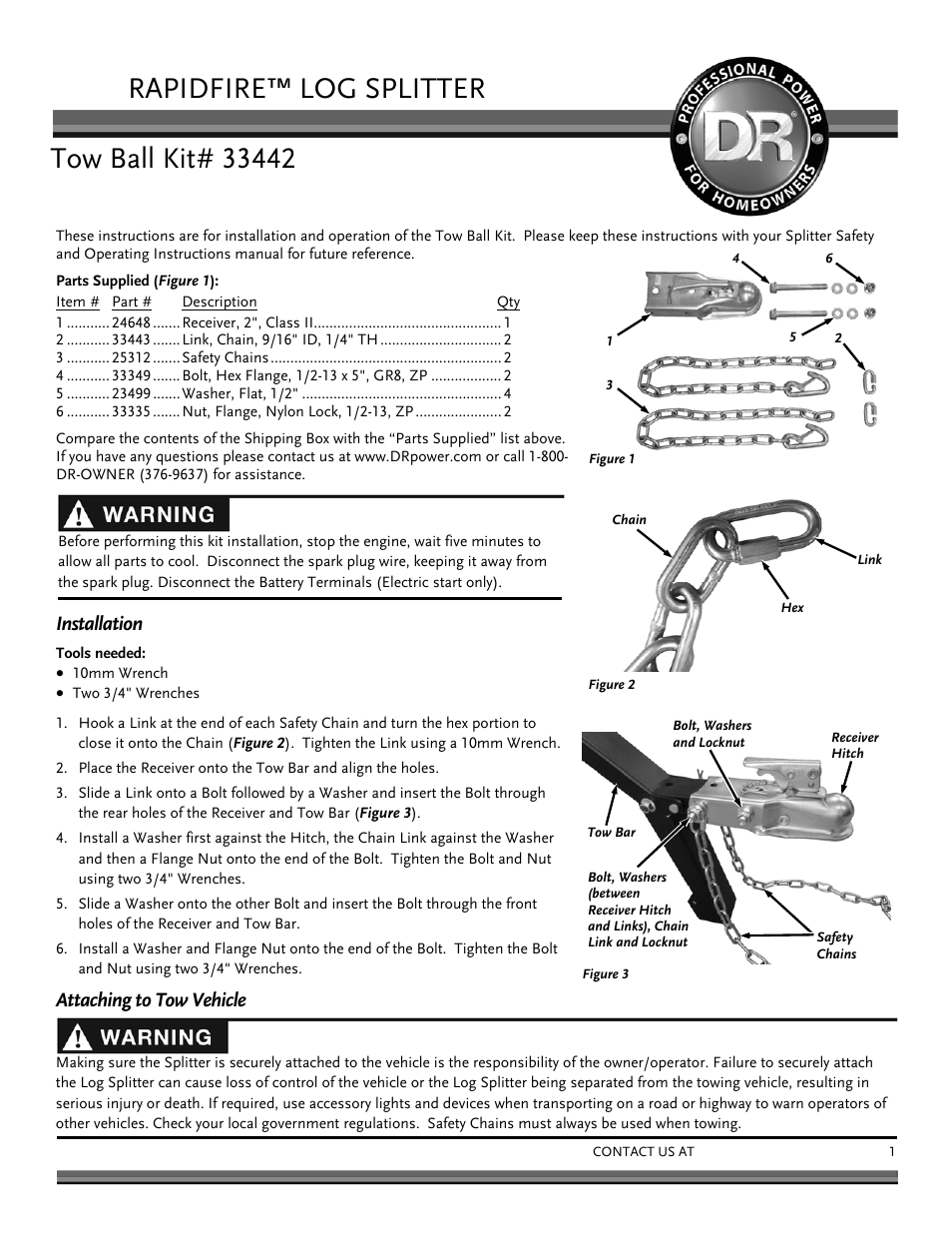 DR Power 33442 Tow Hitch Kit User Manual | 2 pages