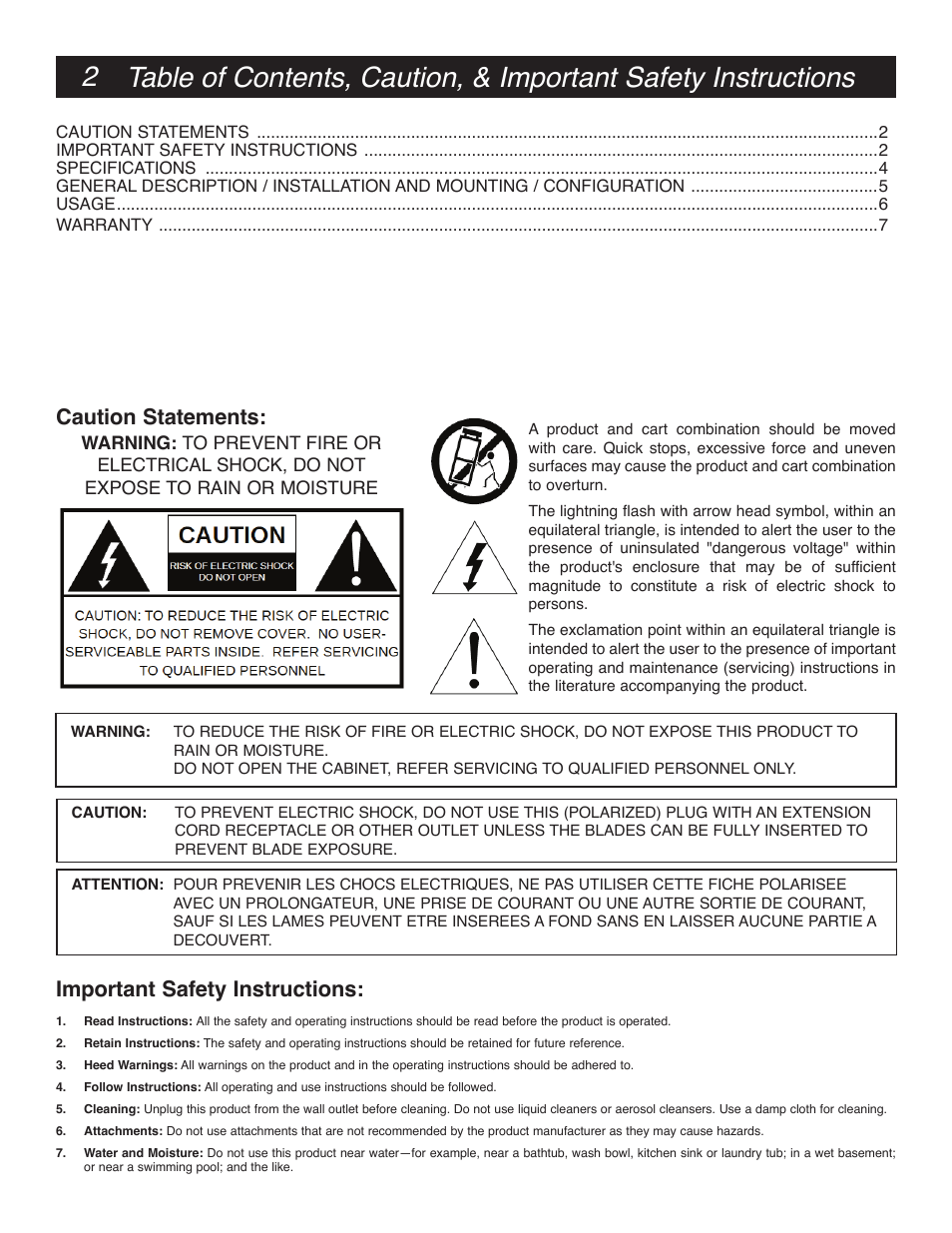 Caution statements: important safety instructions | Drake ACT1000 ATSC to QAM Transcoder User Manual | Page 2 / 8