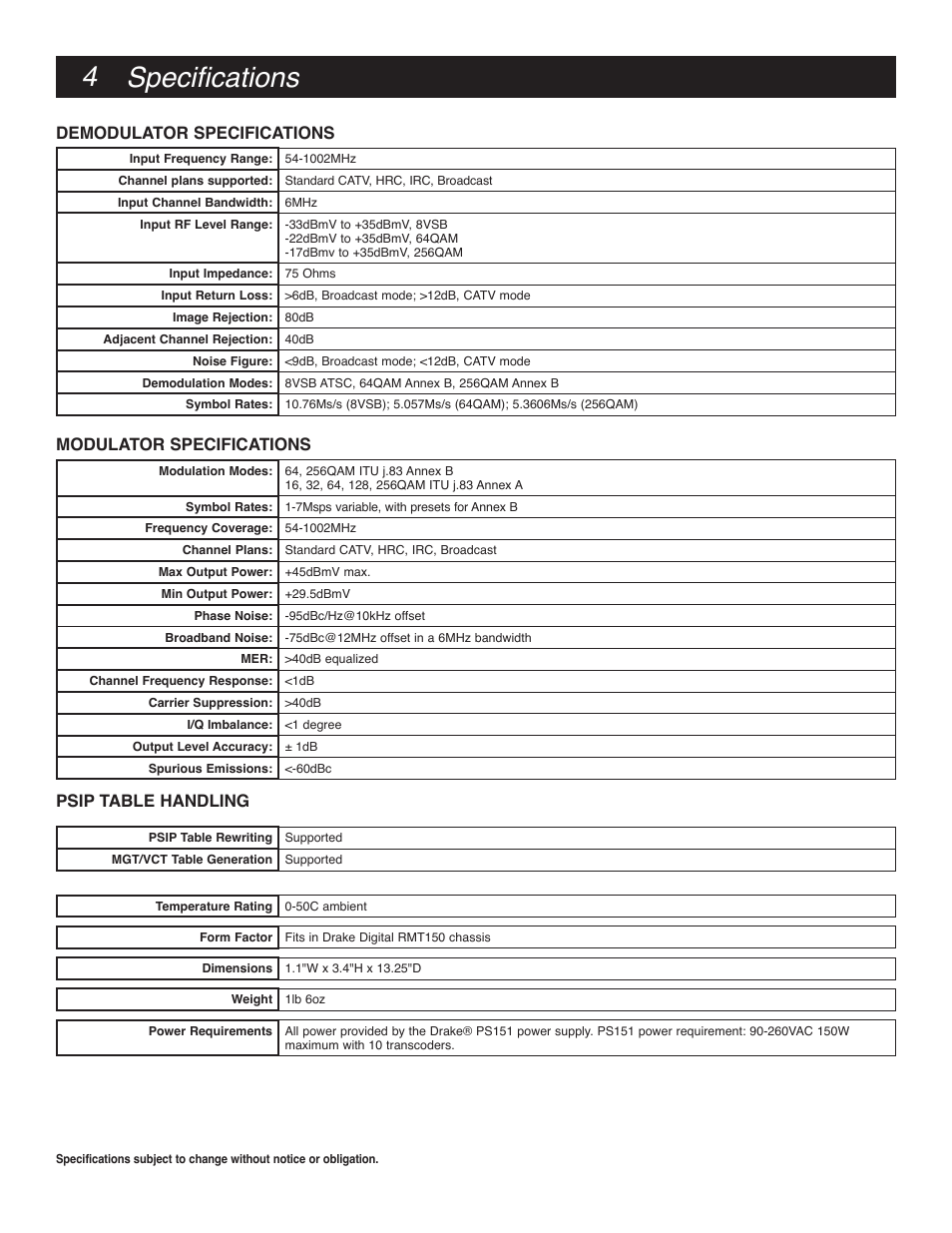 Specifications, Demodulator specifications, Modulator specifications | Psip table handling | Drake ACT1000 ATSC to QAM Transcoder User Manual | Page 4 / 8