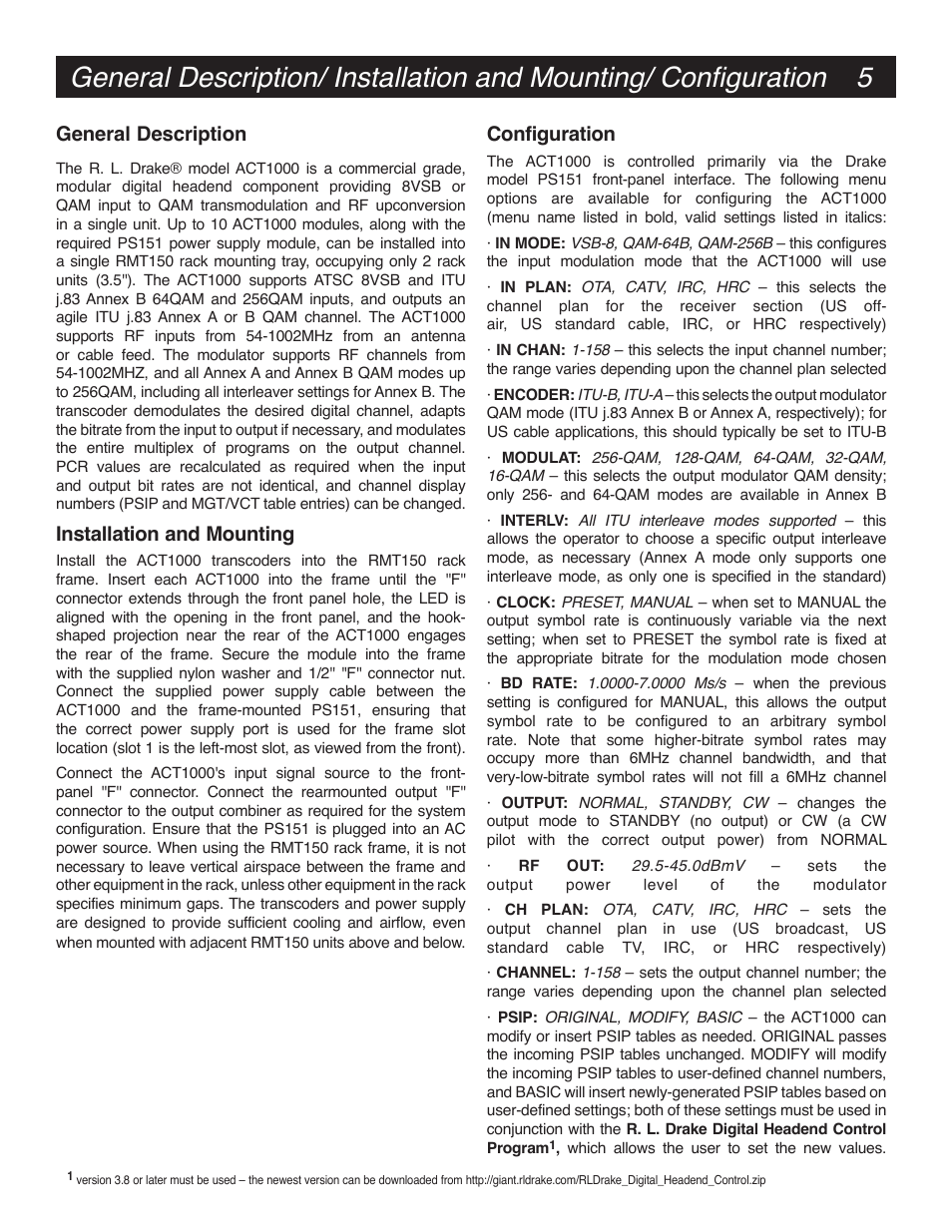 General description, Installation and mounting, Configuration | Drake ACT1000 ATSC to QAM Transcoder User Manual | Page 5 / 8