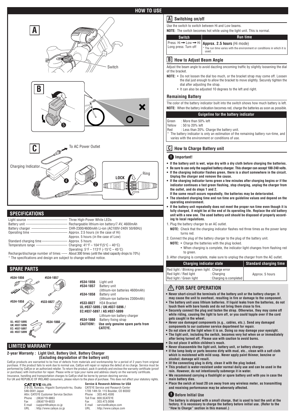 Ca b, Ab c, Spare parts | Specifications, For safe operation, Limited warranty, How to use | CatEye HL-EL830RC User Manual | Page 2 / 2