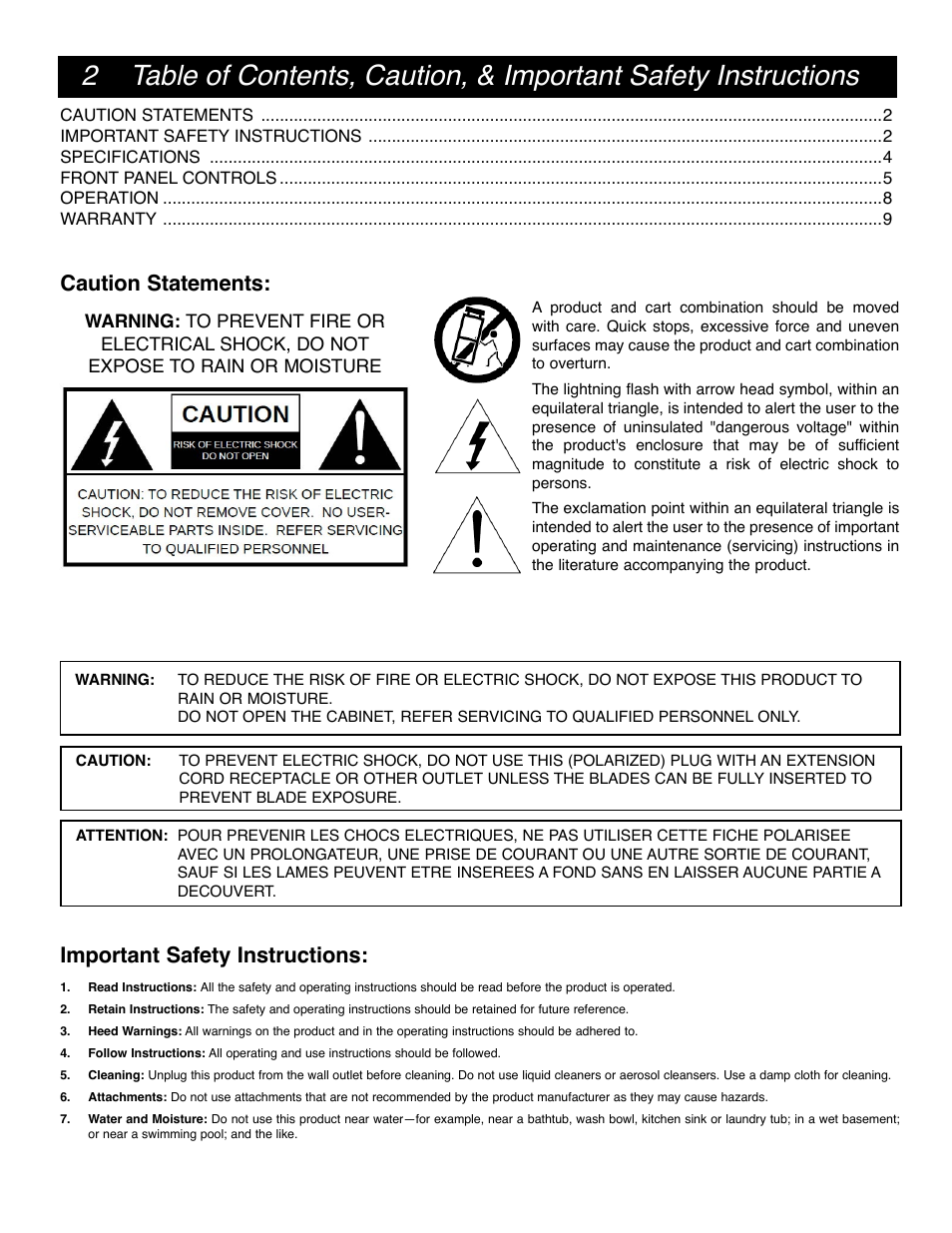 Caution statements: important safety instructions | Drake DAV860 Digital Demodulator/Decoder NTSC Output User Manual | Page 2 / 12