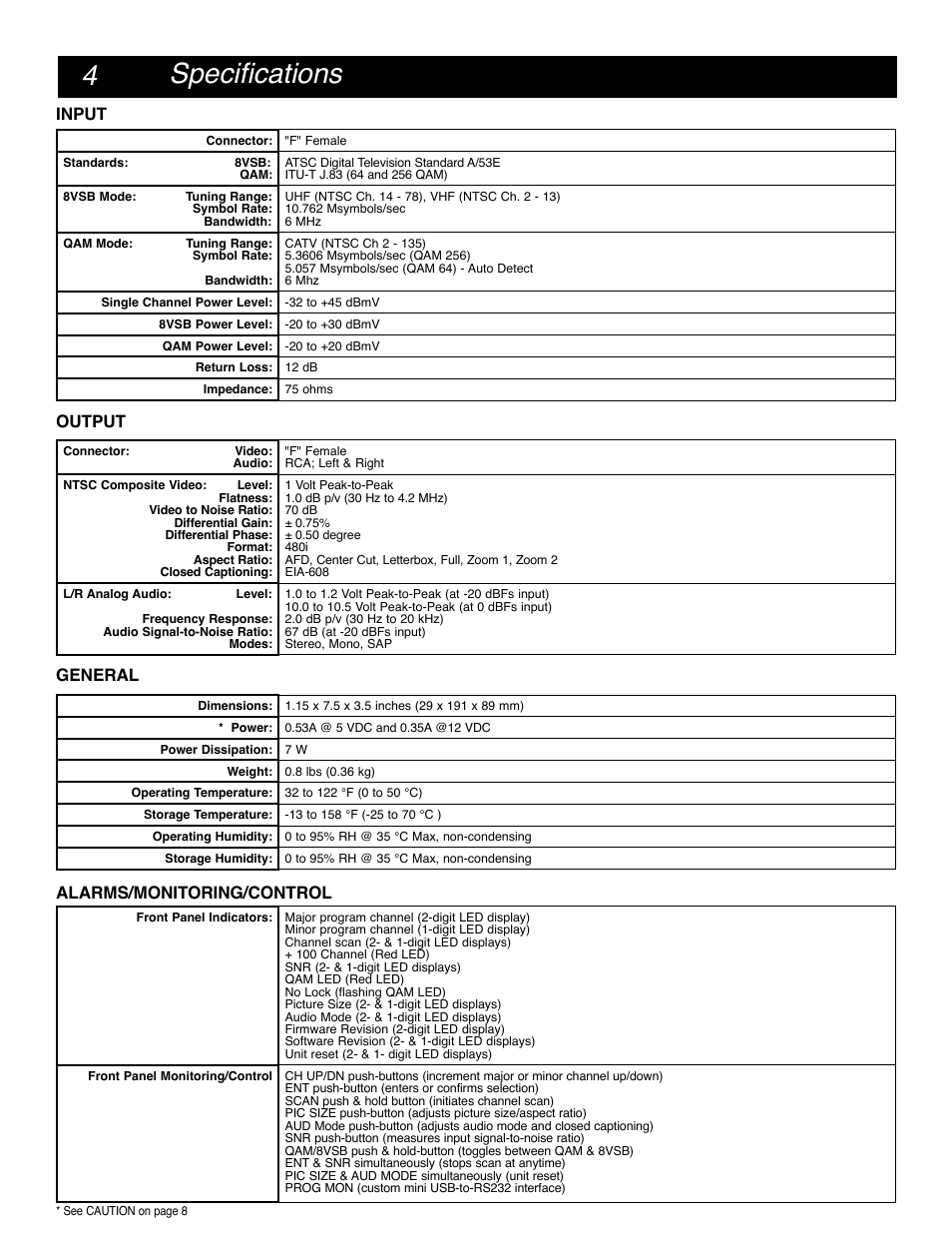 4specifications, Input, Output | General alarms/monitoring/control | Drake DAV860 Digital Demodulator/Decoder NTSC Output User Manual | Page 4 / 12