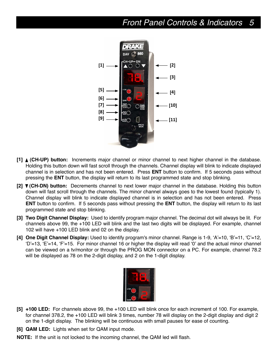 Front panel controls & indicators | Drake DAV860 Digital Demodulator/Decoder NTSC Output User Manual | Page 5 / 12