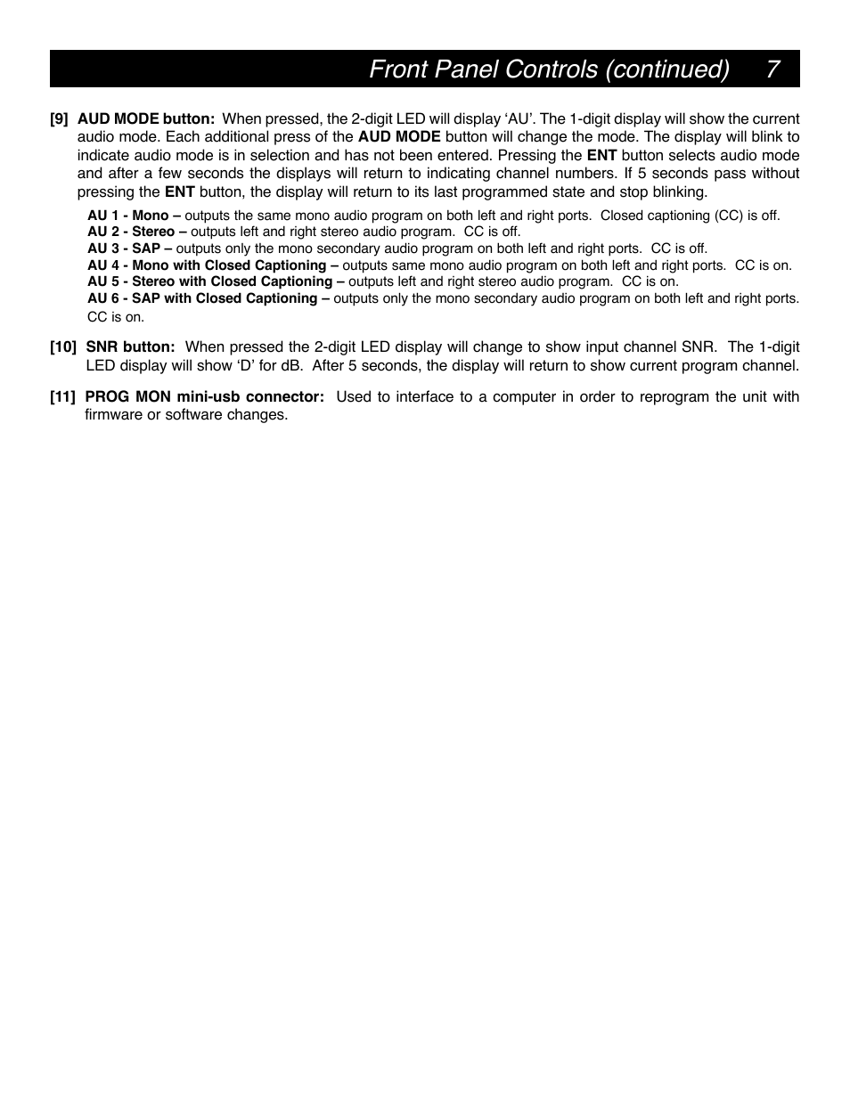 Front panel controls (continued) | Drake DAV860 Digital Demodulator/Decoder NTSC Output User Manual | Page 7 / 12