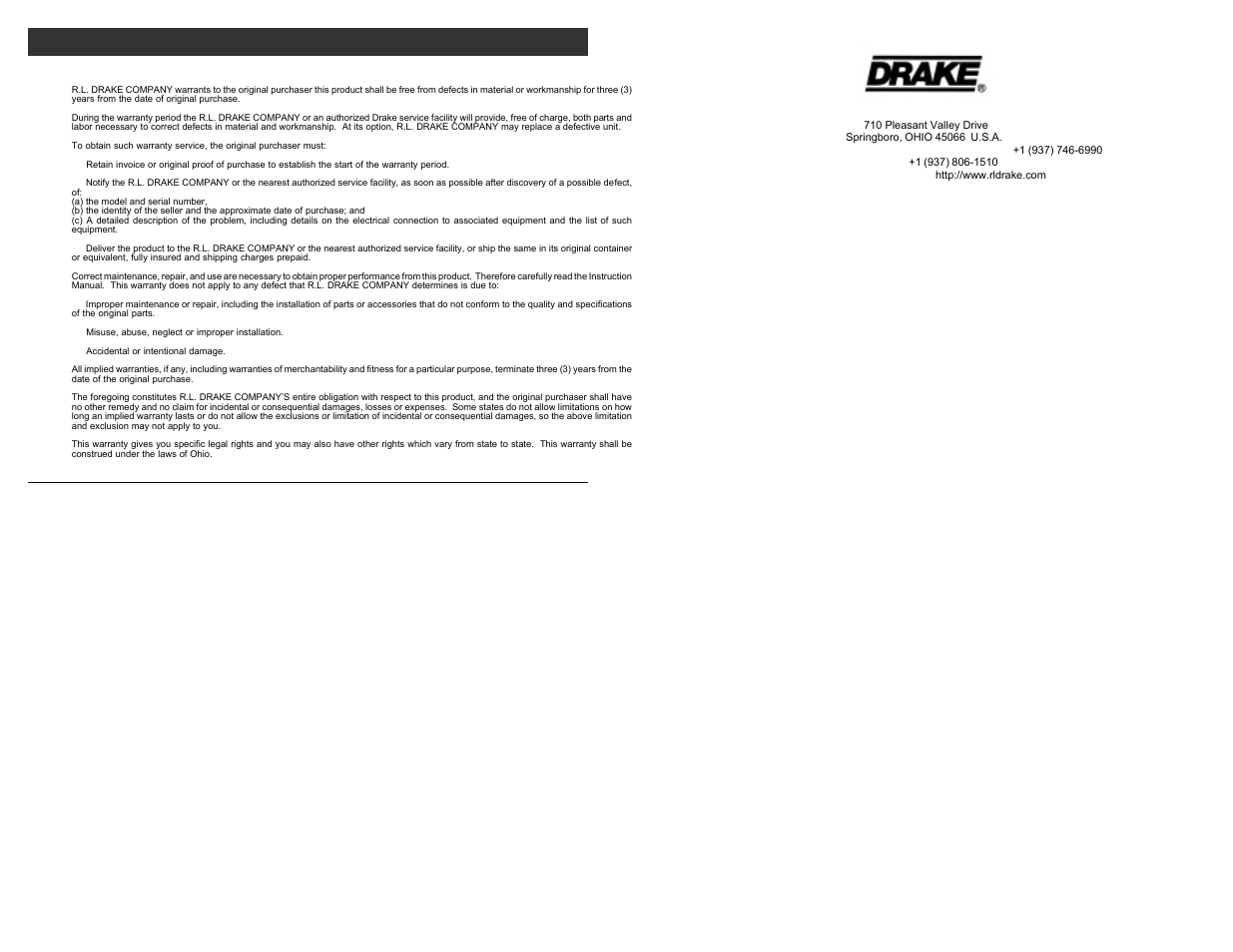 Warranty 7 | Drake DDC864A Digital Down Converter User Manual | Page 4 / 4