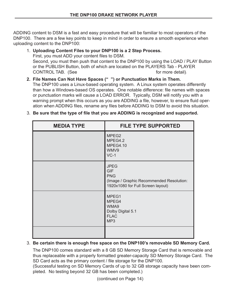 Media type file type supported | Drake DNP100 Network Media Player User Manual | Page 13 / 44