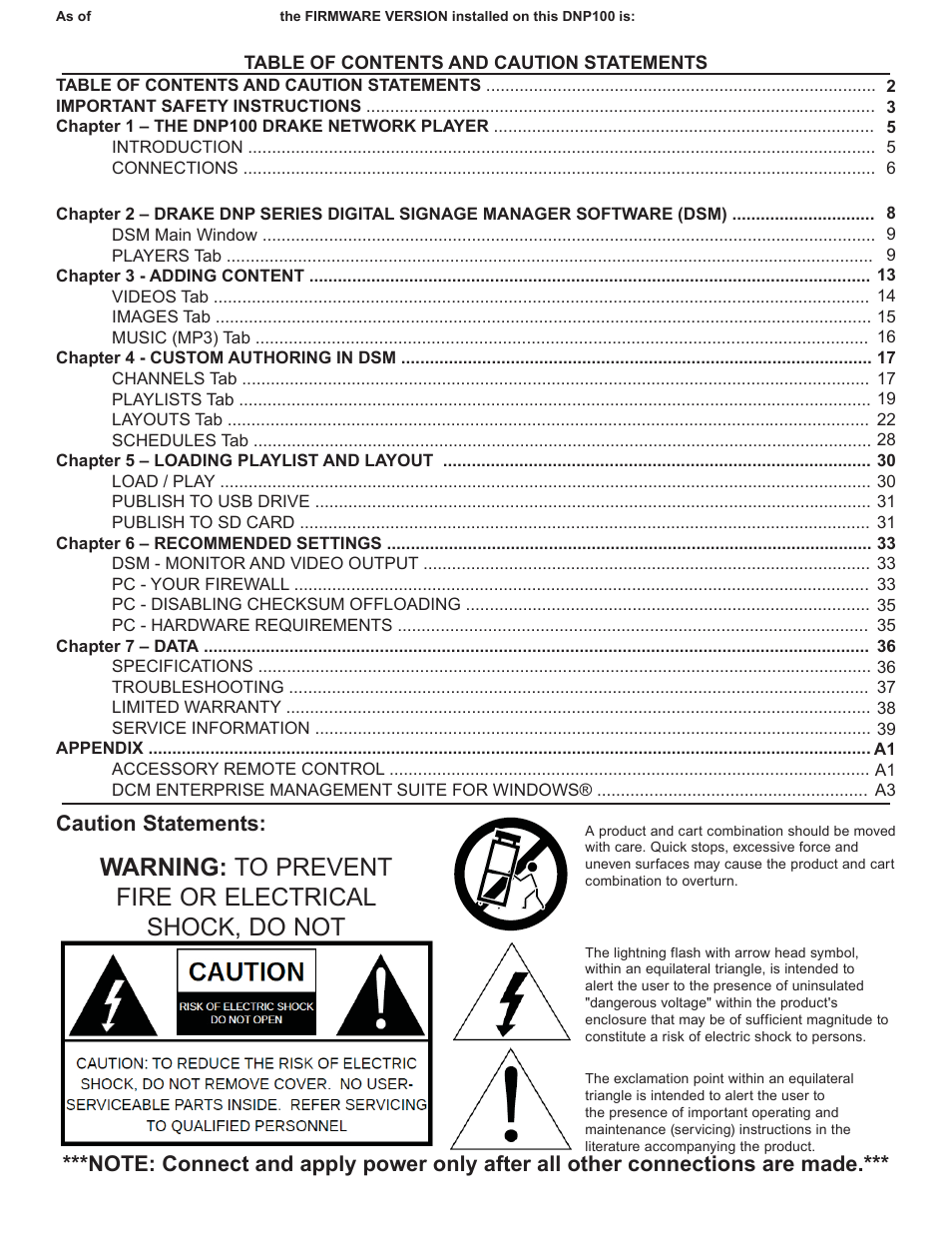 Getting started, Caution statements | Drake DNP100 Network Media Player User Manual | Page 2 / 44