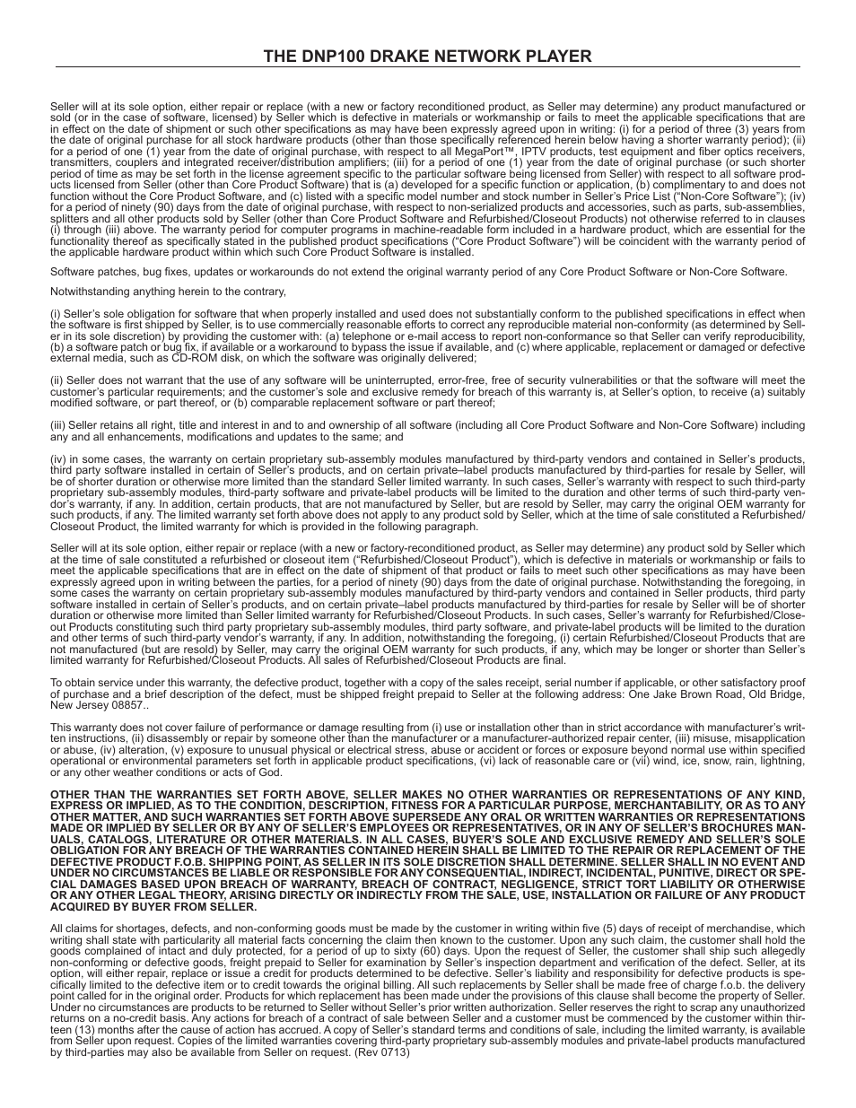 The dnp100 drake network player limited warranty | Drake DNP100 Network Media Player User Manual | Page 38 / 44