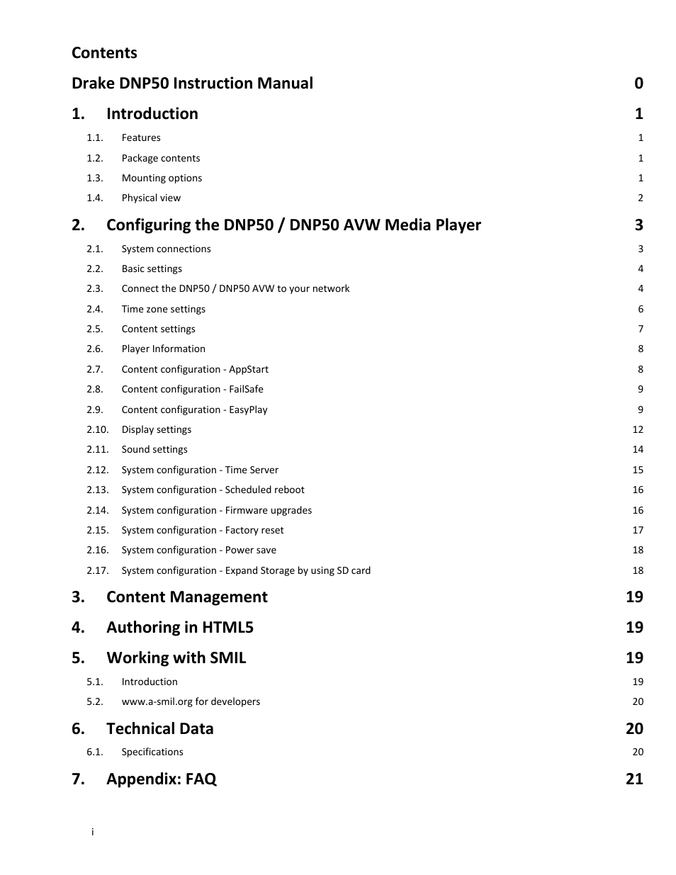 Dnp50 im v002 20140106 p2, Technical data 20, Appendix: faq 21 | Drake DNP50/DNP50 AVW Network Media Player User Manual | Page 2 / 28