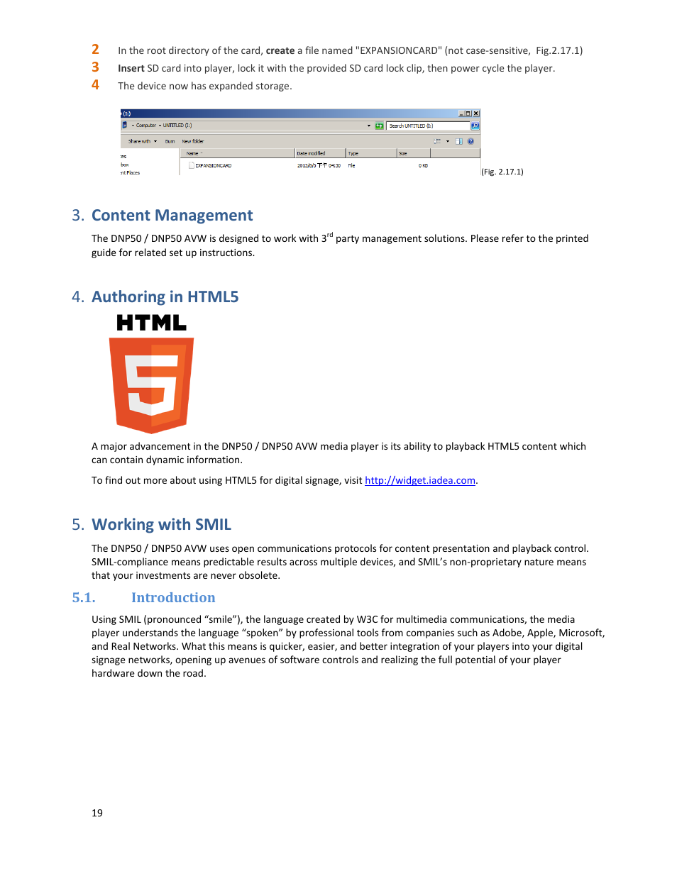 Dnp50 im v002 20140106 p21, Content management, Authoring in html5 | Working with smil | Drake DNP50/DNP50 AVW Network Media Player User Manual | Page 21 / 28