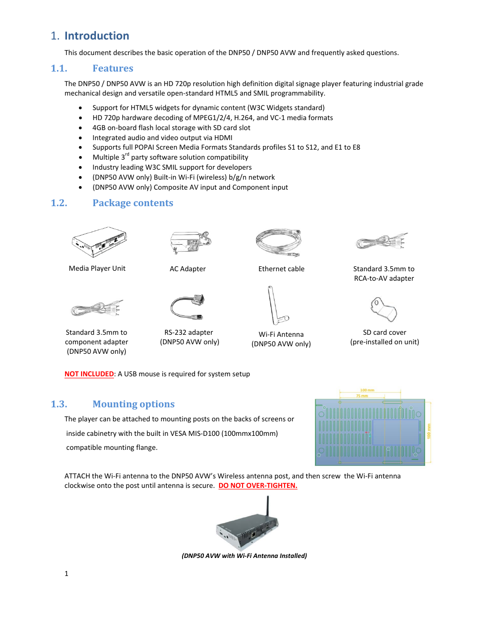 Dnp50 im v002 20140106 p3, Introduction, Features | Package contents, Mounting options | Drake DNP50/DNP50 AVW Network Media Player User Manual | Page 3 / 28