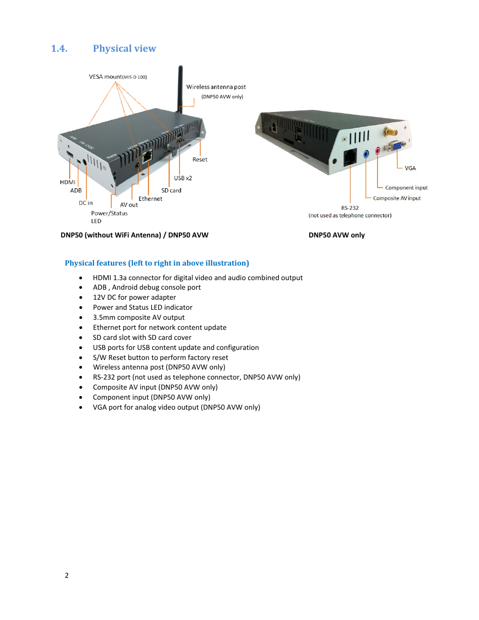 Dnp50 im v002 20140106 p4, Physical view | Drake DNP50/DNP50 AVW Network Media Player User Manual | Page 4 / 28