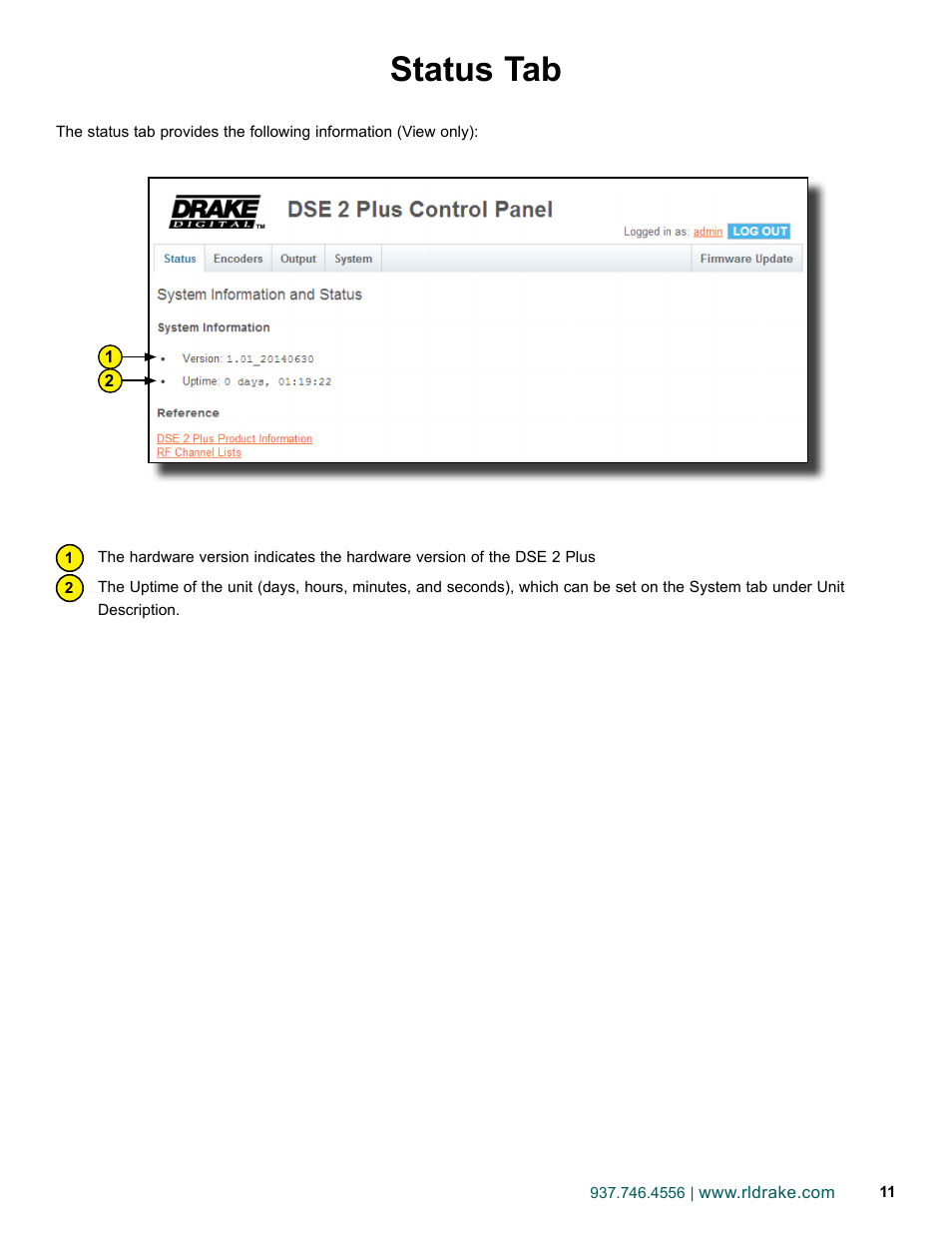 Status tab | Drake DSE2 Plus HD Encoder w/QAM Output User Manual | Page 11 / 20